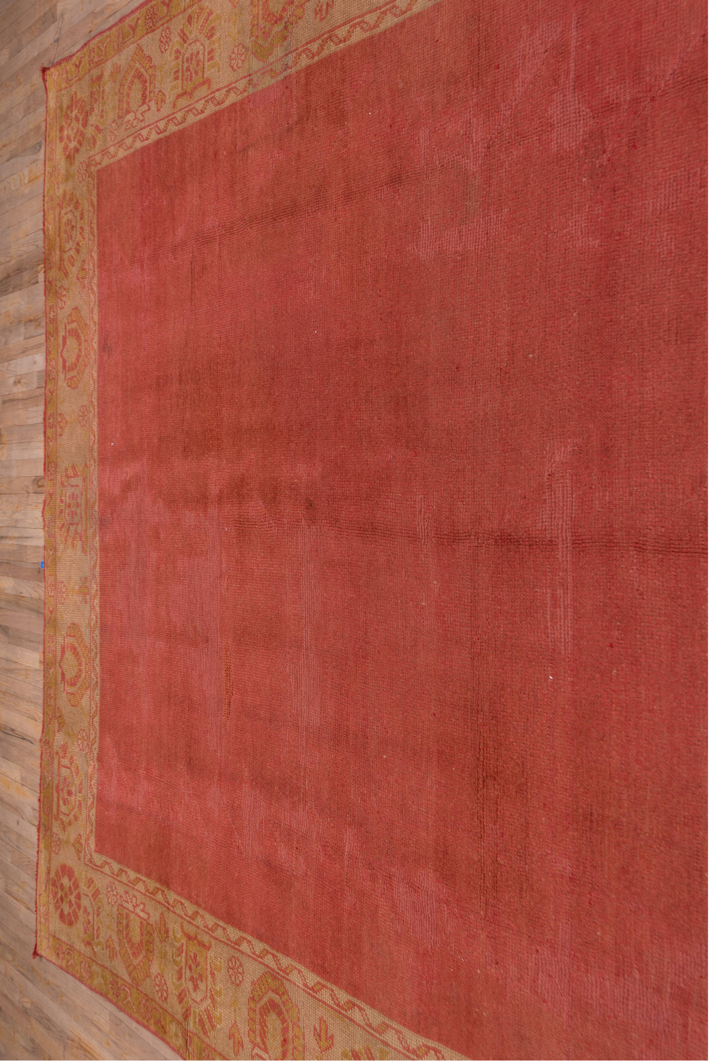 9' x 11' one-of-a-kind handmade antique Oushak large size rug. Color palette: terra cotta, gold, camel, rose, saffron