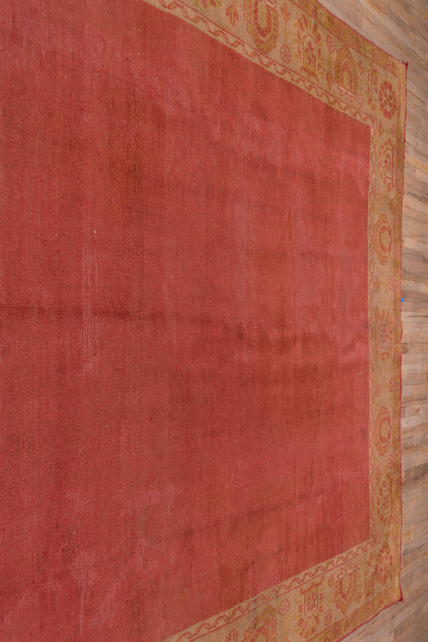 9' x 11' one-of-a-kind handmade antique Oushak large size rug. Color palette: terra cotta, gold, camel, rose, saffron