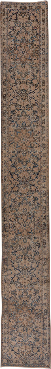 2' x 16' one-of-a-kind handmade antique Kerman runner rug. Color palette: ivory, blue, taupe, camel, slate, brown, beige
