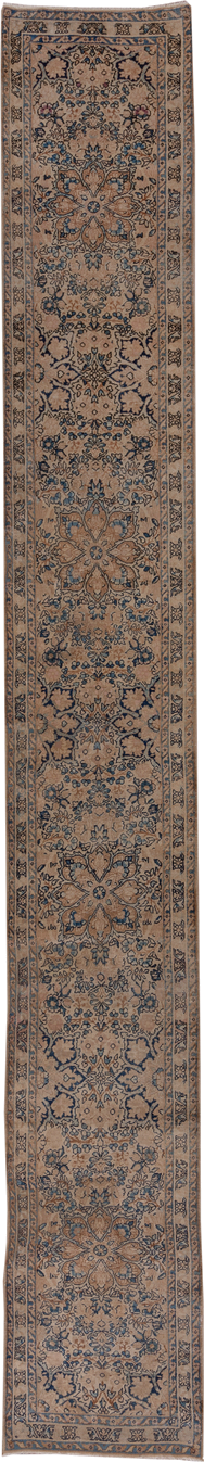2' x 16' one-of-a-kind handmade antique Kerman runner rug. Color palette: ivory, blue, taupe, camel, slate, brown, beige