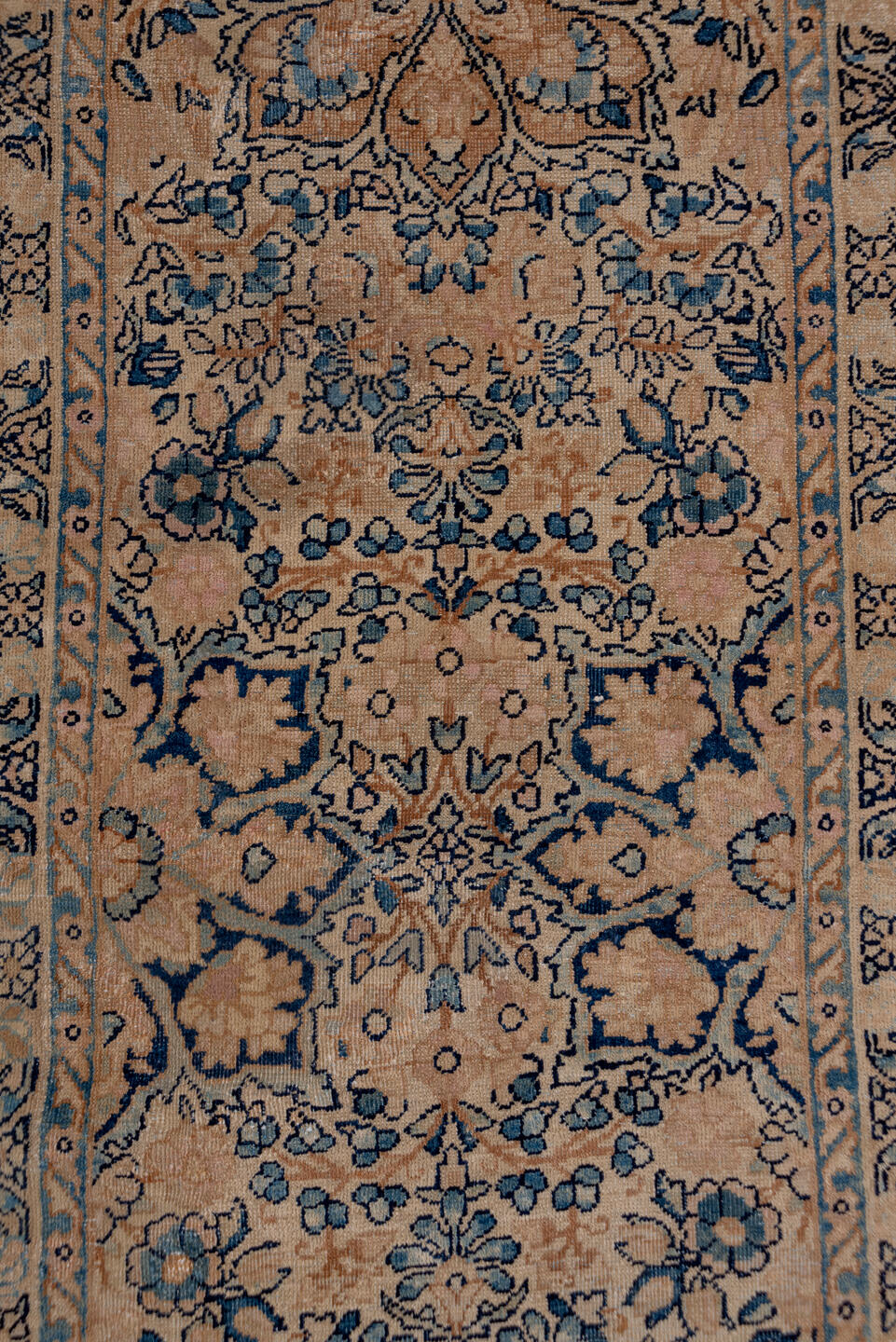 2' x 16' one-of-a-kind handmade antique Kerman runner rug. Color palette: ivory, blue, taupe, camel, slate, brown, beige