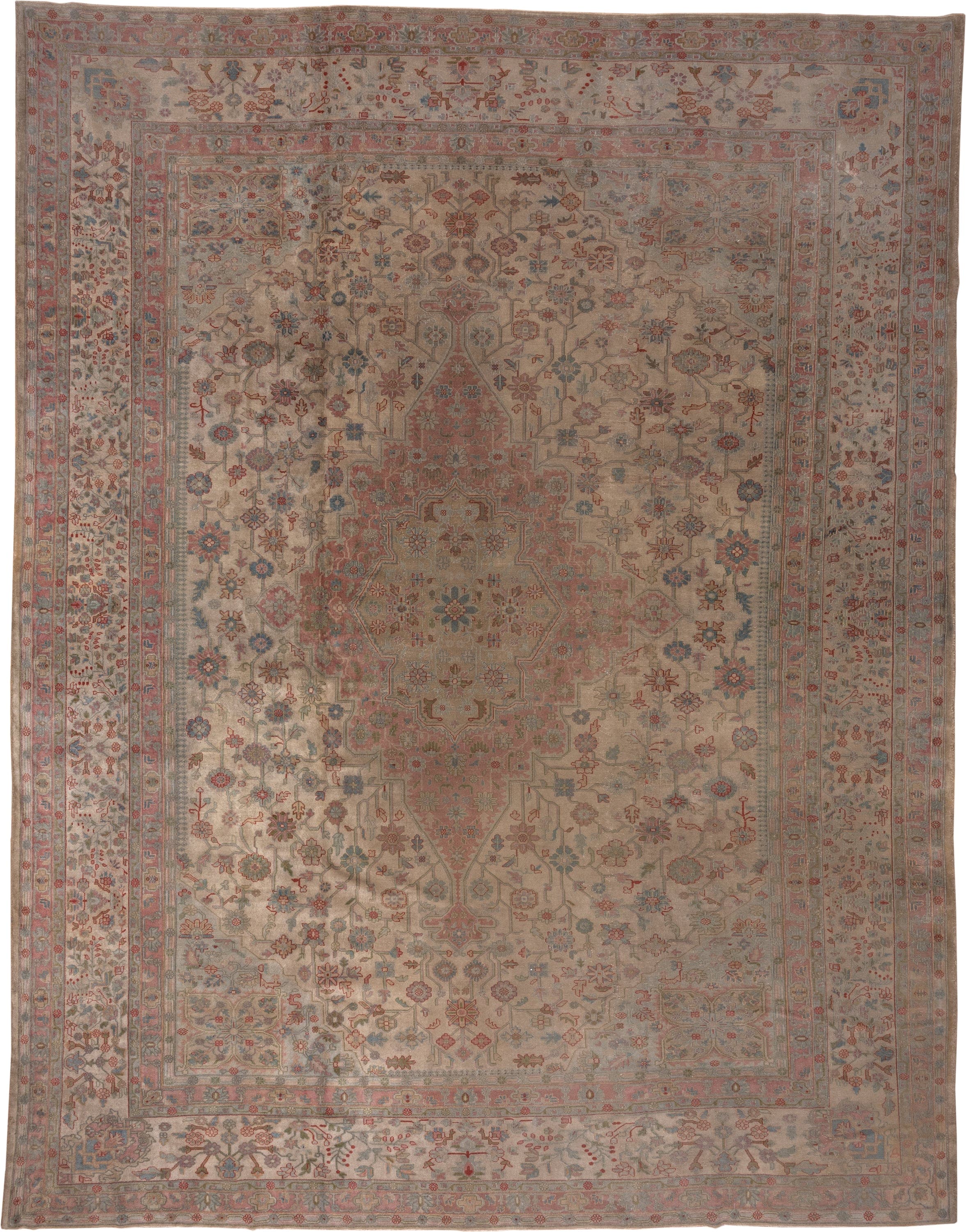 13' x 16' one-of-a-kind handmade antique Sivas oversize rug. Color palette: ivory, rose, taupe, muted blue, dusty pink