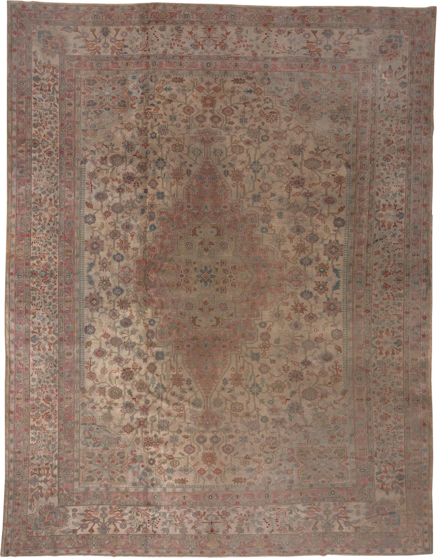 13' x 16' one-of-a-kind handmade antique Sivas oversize rug. Color palette: ivory, rose, taupe, muted blue, dusty pink
