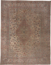13' x 16' one-of-a-kind handmade antique Sivas oversize rug. Color palette: ivory, rose, taupe, muted blue, dusty pink