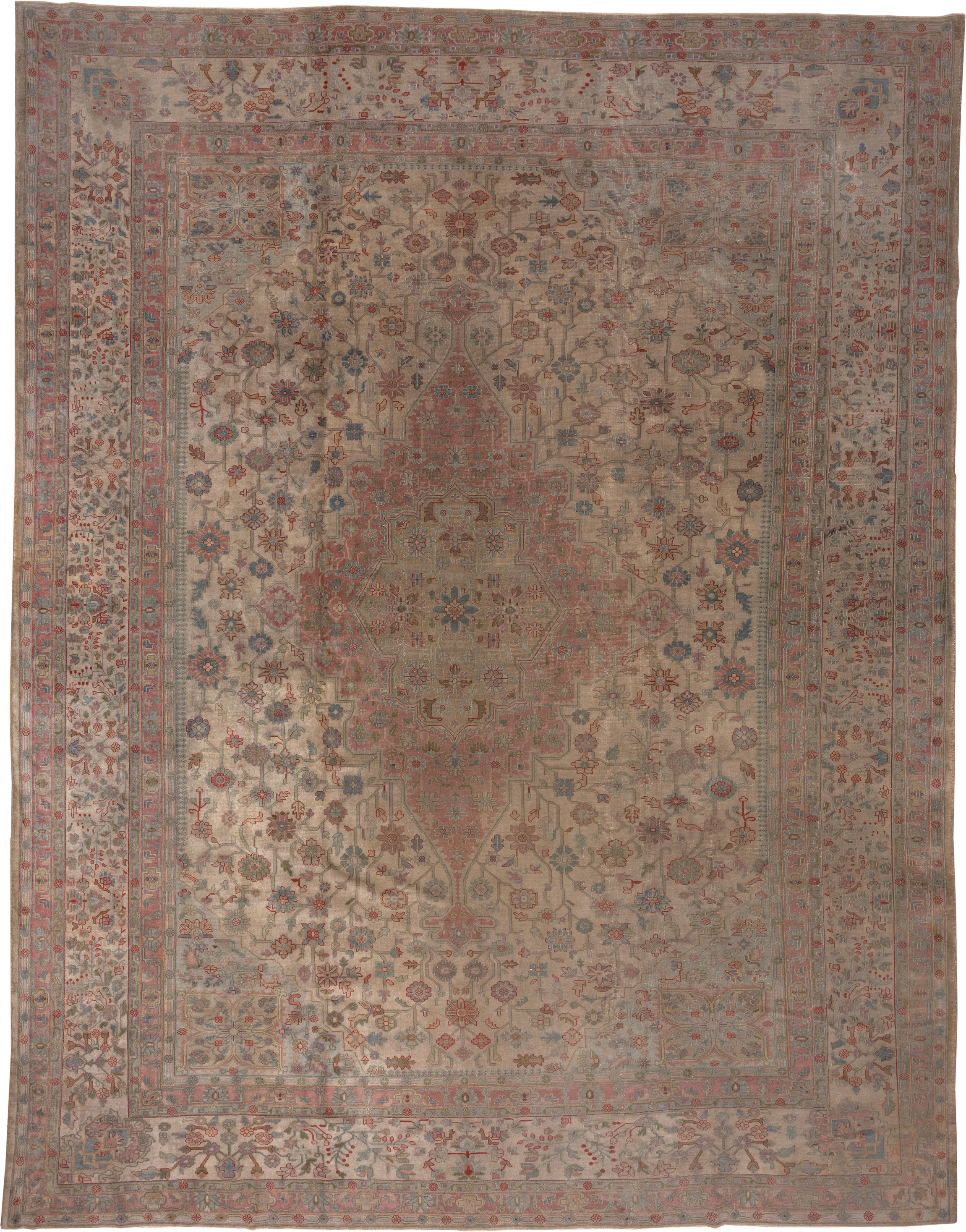 13' x 16' one-of-a-kind handmade antique Sivas oversize rug. Color palette: ivory, rose, taupe, muted blue, dusty pink