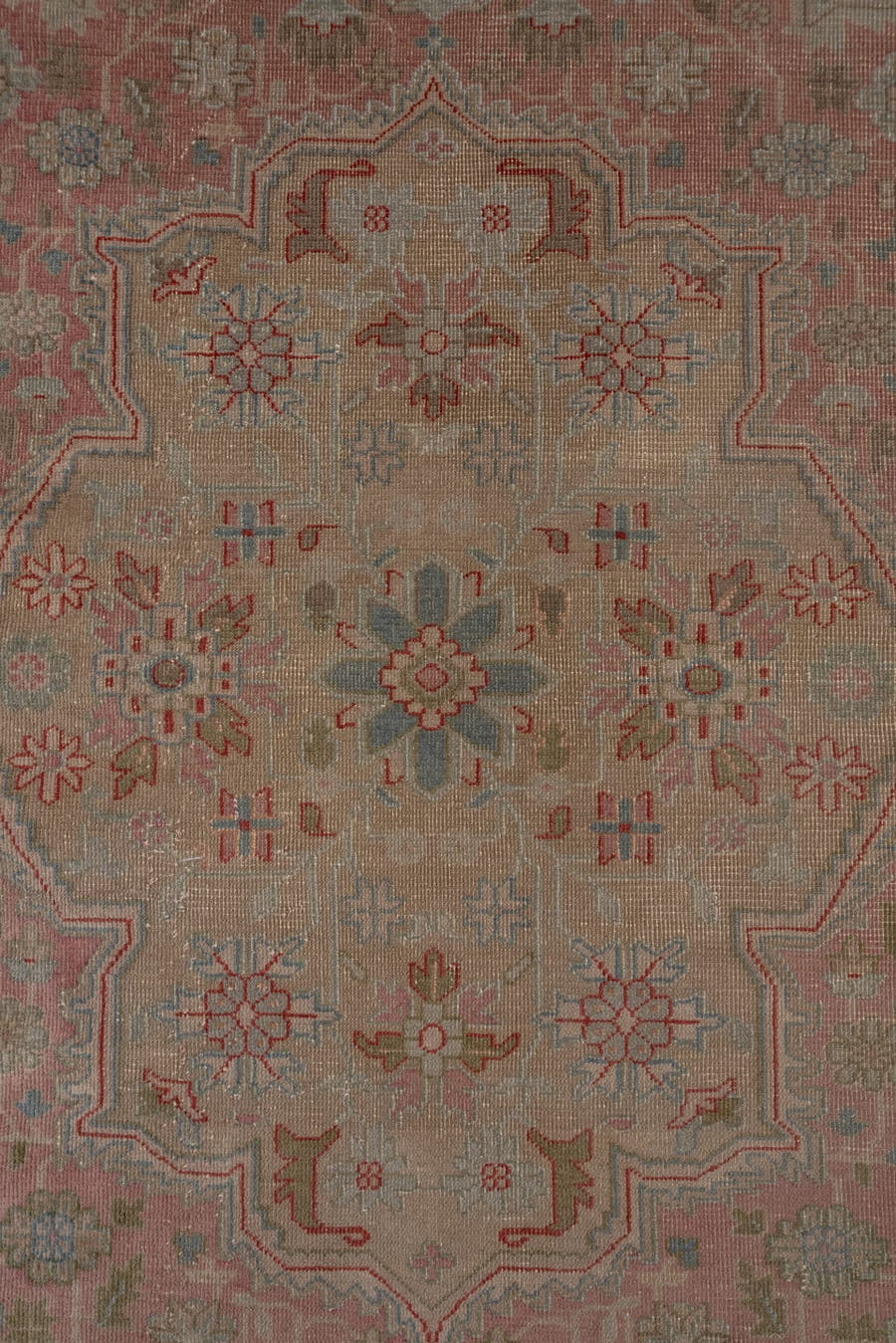 13' x 16' one-of-a-kind handmade antique Sivas oversize rug. Color palette: ivory, rose, taupe, muted blue, dusty pink