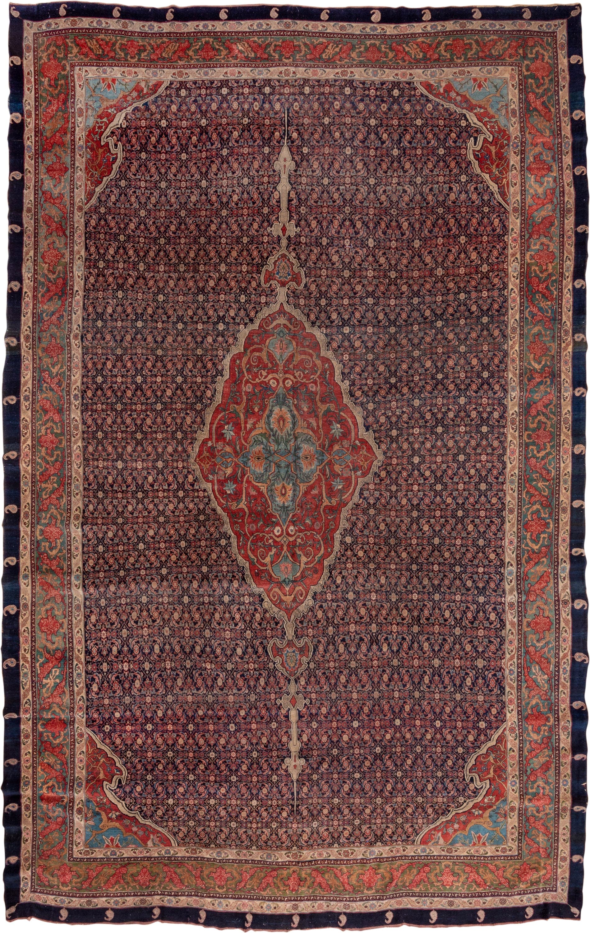 11' x 18' one-of-a-kind handmade antique Bidjar oversize rug. Color palette: navy, rust, ivory, soft blue, red, sage, camel