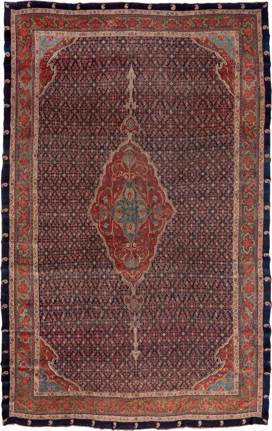 11' x 18' one-of-a-kind handmade antique Bidjar oversize rug. Color palette: navy, rust, ivory, soft blue, red, sage, camel