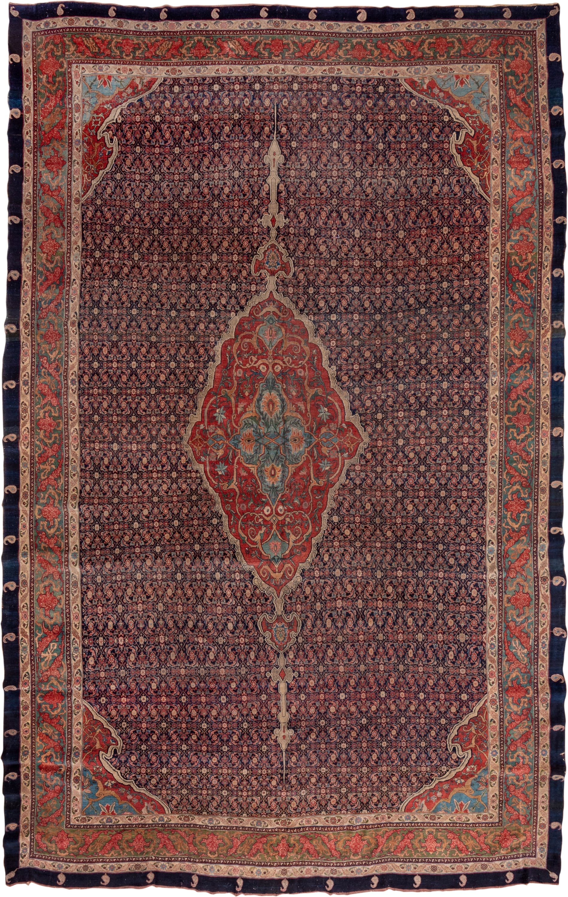 11' x 18' one-of-a-kind handmade antique Bidjar oversize rug. Color palette: navy, rust, ivory, soft blue, red, sage, camel