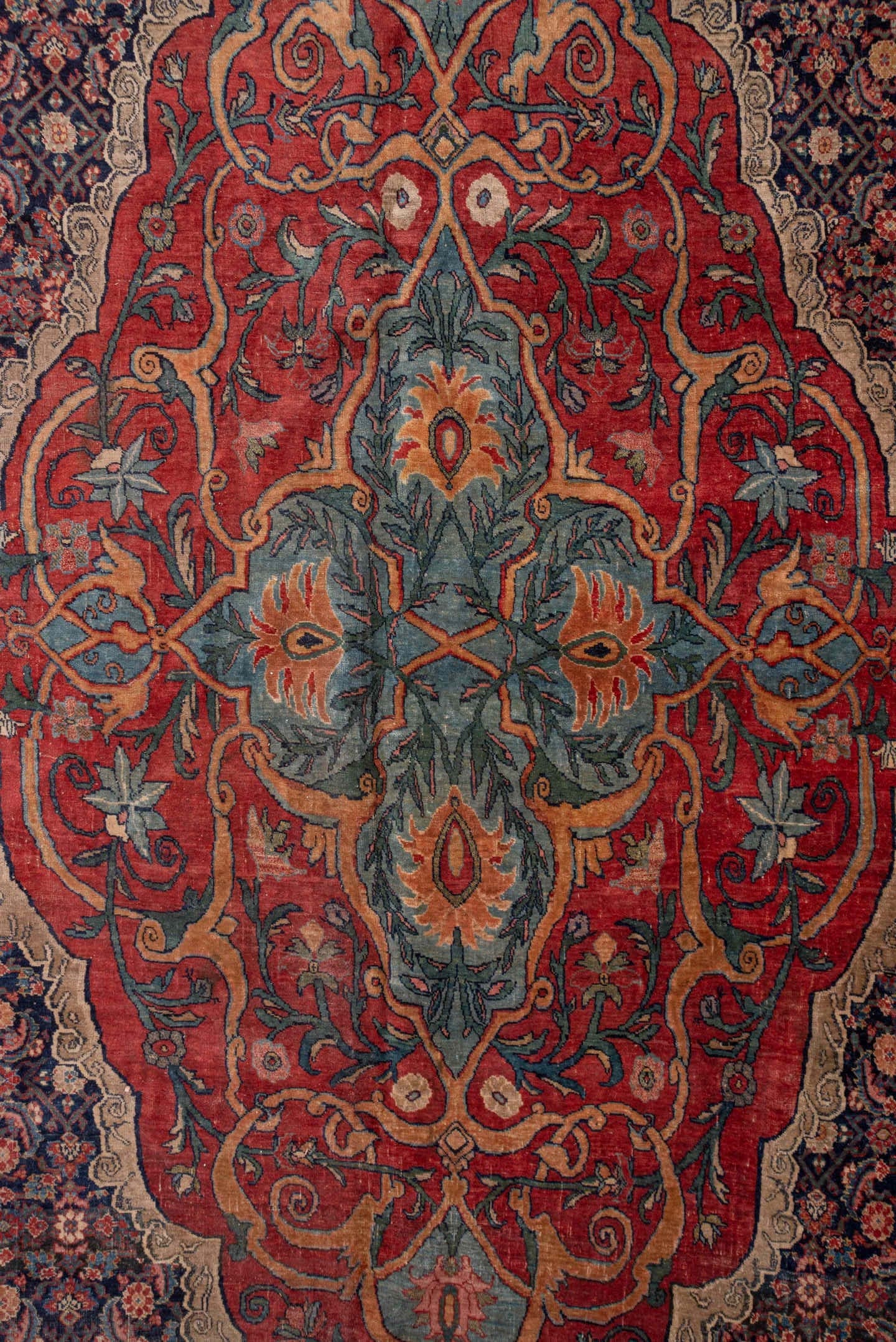 11' x 18' one-of-a-kind handmade antique Bidjar oversize rug. Color palette: navy, rust, ivory, soft blue, red, sage, camel
