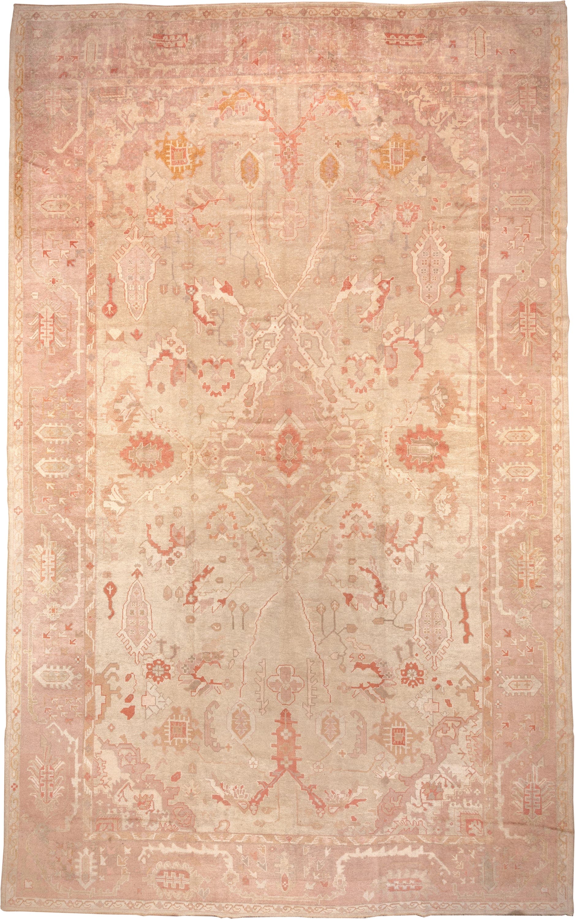 12' x 19' one-of-a-kind handmade antique Oushak oversize rug. Color palette: ivory, blush, rose, apricot, muted gold, beige