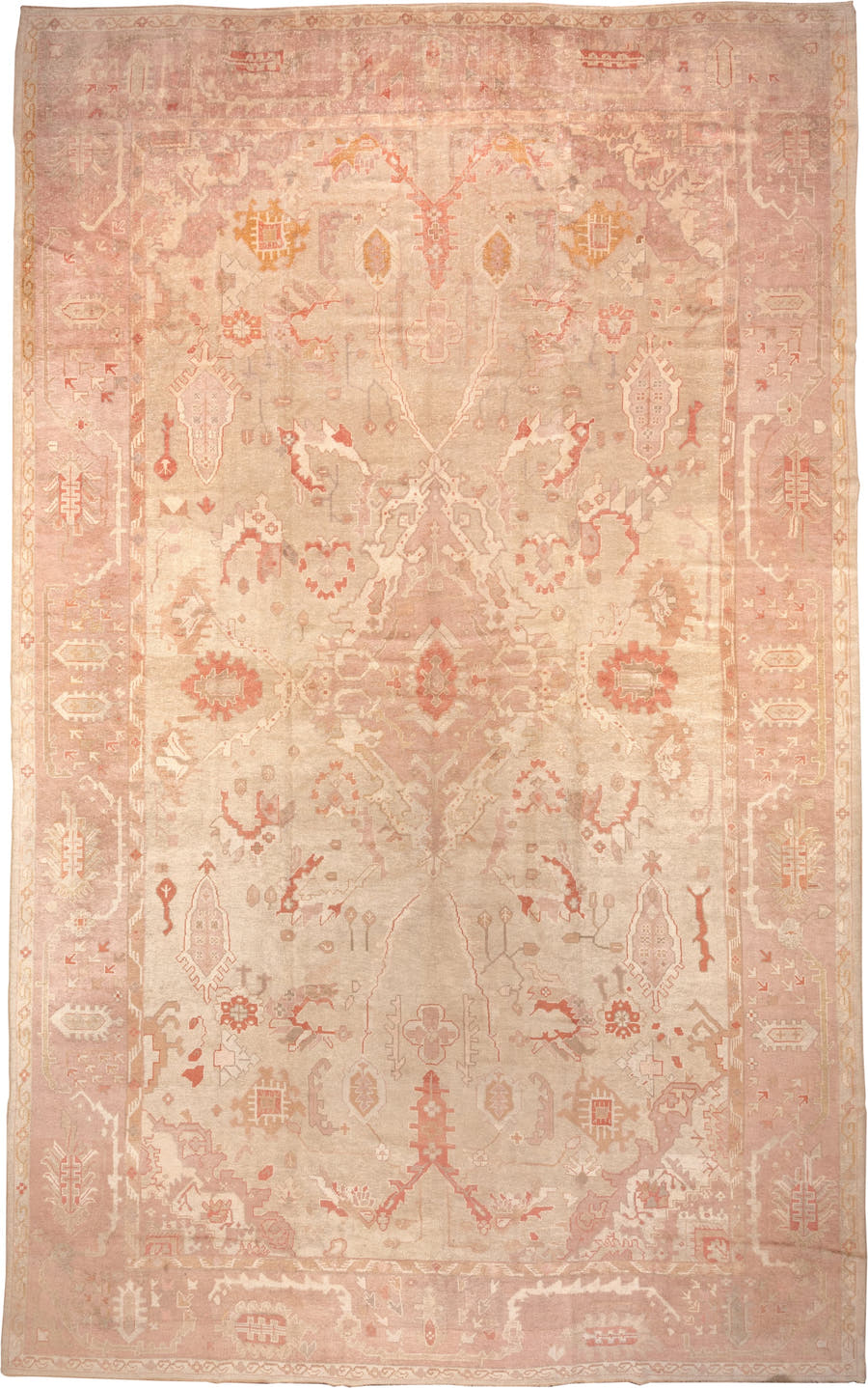 12' x 19' one-of-a-kind handmade antique Oushak oversize rug. Color palette: ivory, blush, rose, apricot, muted gold, beige