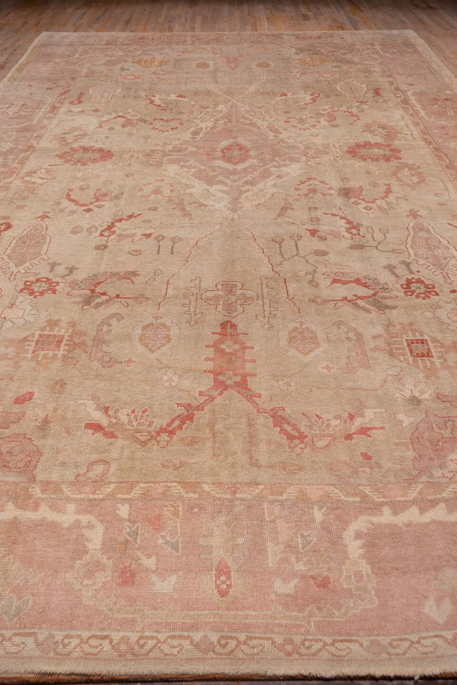 12' x 19' one-of-a-kind handmade antique Oushak oversize rug. Color palette: ivory, blush, rose, apricot, muted gold, beige