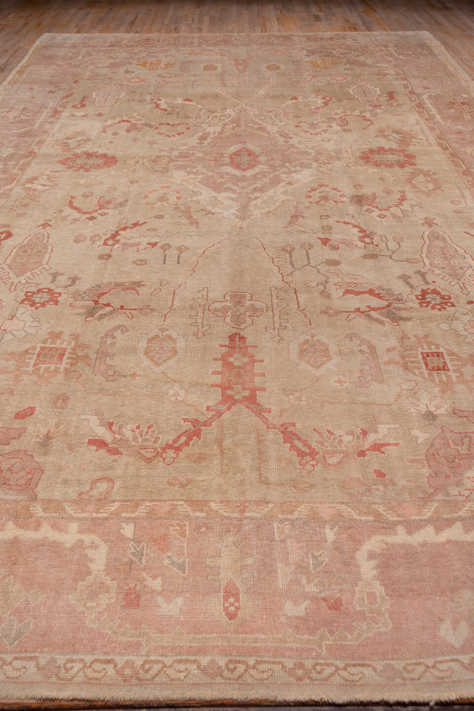 12' x 19' one-of-a-kind handmade antique Oushak oversize rug. Color palette: ivory, blush, rose, apricot, muted gold, beige