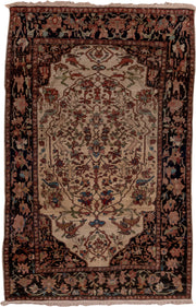 4' x 6' one-of-a-kind handmade antique Far.Sarouk small size rug. Color palette: ivory, charcoal, rose, rust, sage, sky blue