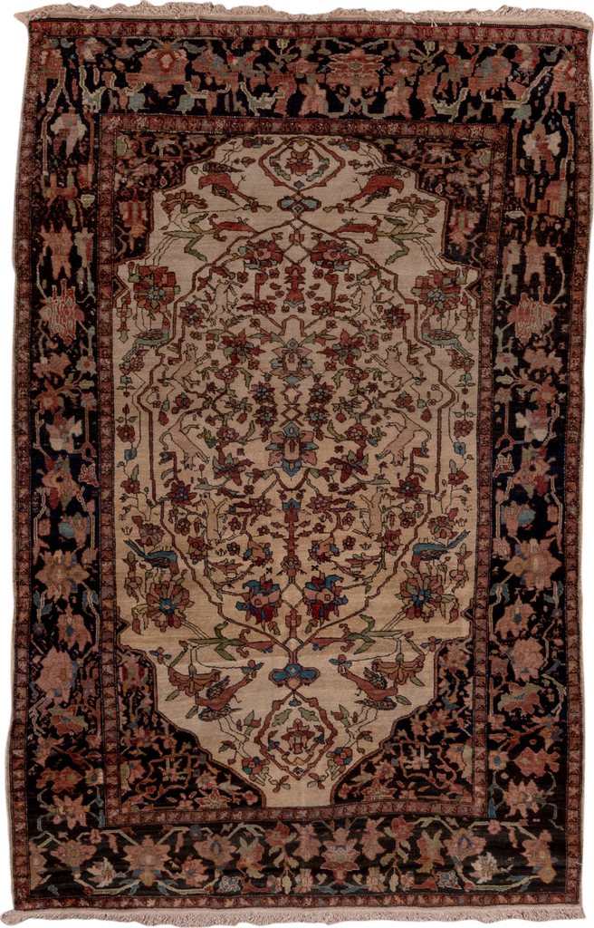 4' x 6' one-of-a-kind handmade antique Far.Sarouk small size rug. Color palette: ivory, charcoal, rose, rust, sage, sky blue
