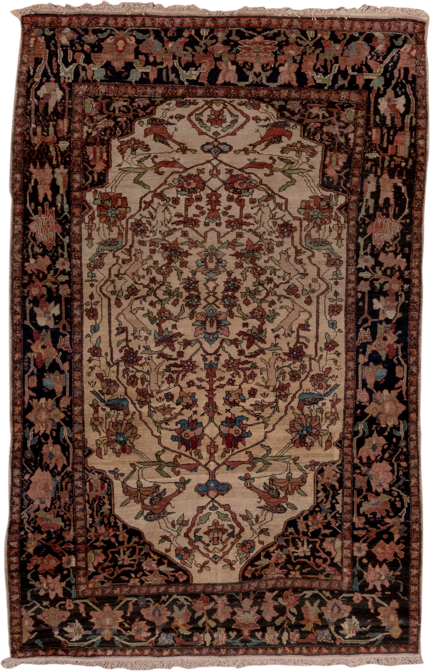 4' x 6' one-of-a-kind handmade antique Far.Sarouk small size rug. Color palette: ivory, charcoal, rose, rust, sage, sky blue