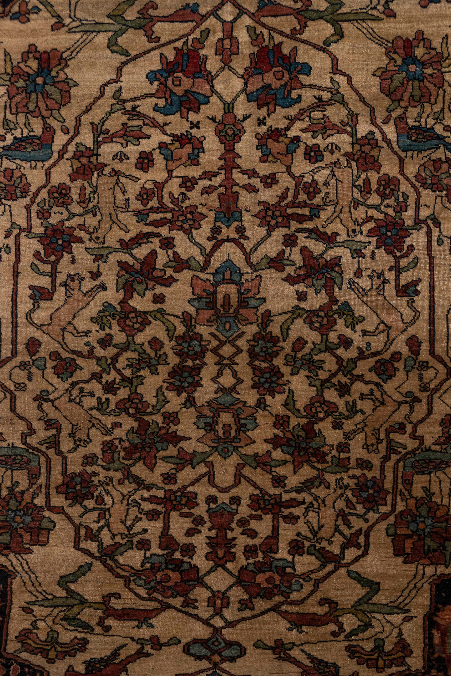 4' x 6' one-of-a-kind handmade antique Far.Sarouk small size rug. Color palette: ivory, charcoal, rose, rust, sage, sky blue