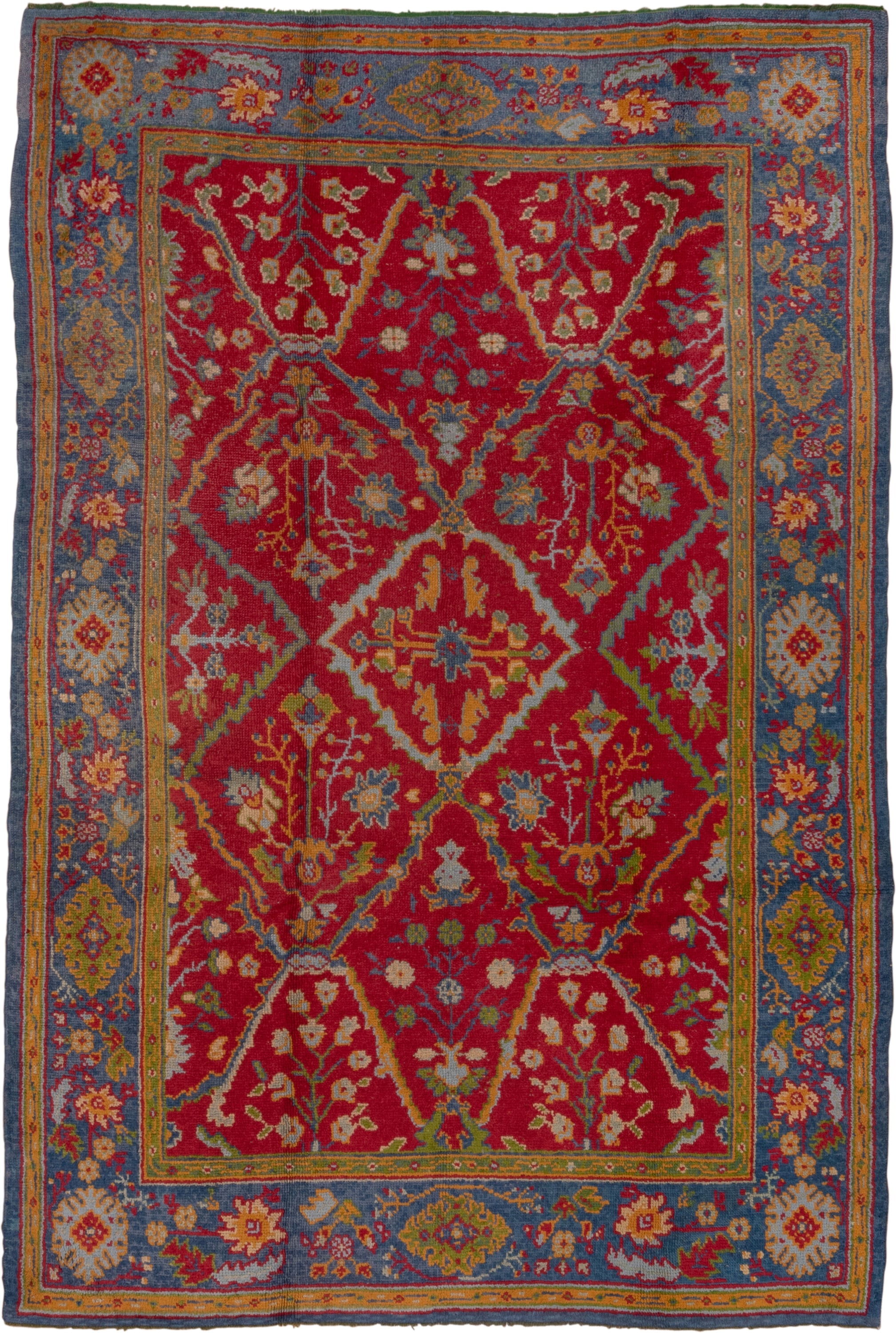 7' x 10' one-of-a-kind handmade vintage European large size rug. Color palette: red, blue, gold, ivory, sage, rust, olive