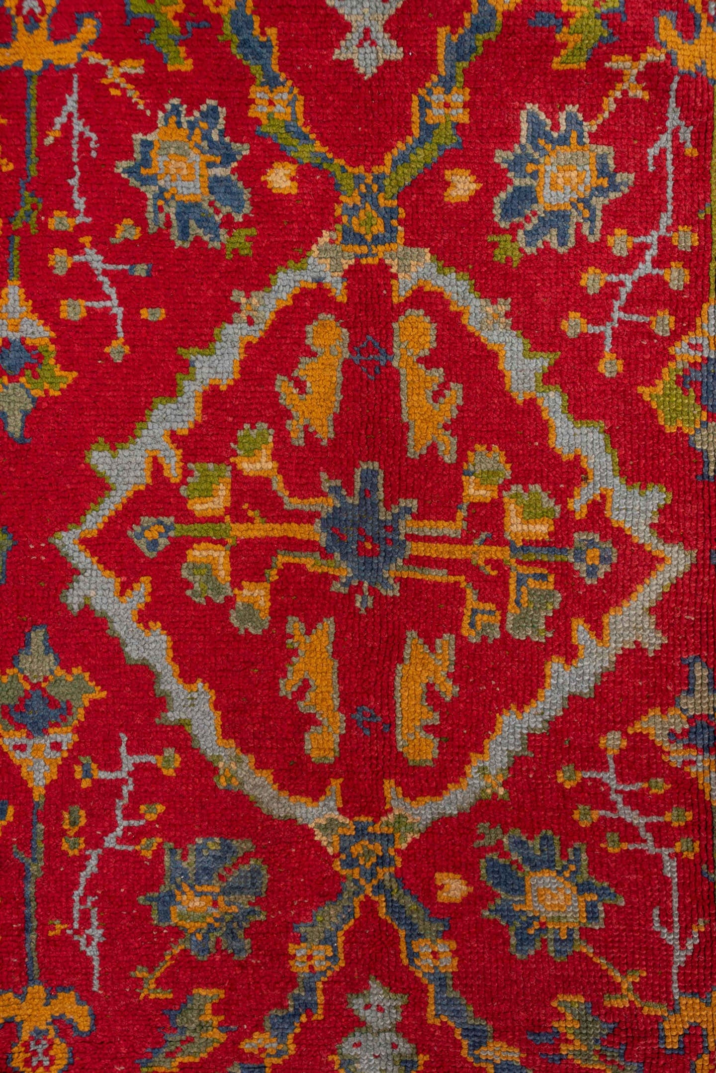 7' x 10' one-of-a-kind handmade vintage European large size rug. Color palette: red, blue, gold, ivory, sage, rust, olive
