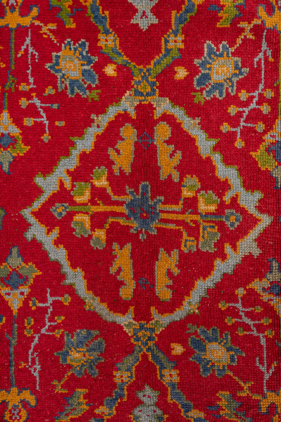 7' x 10' one-of-a-kind handmade vintage European large size rug. Color palette: red, blue, gold, ivory, sage, rust, olive