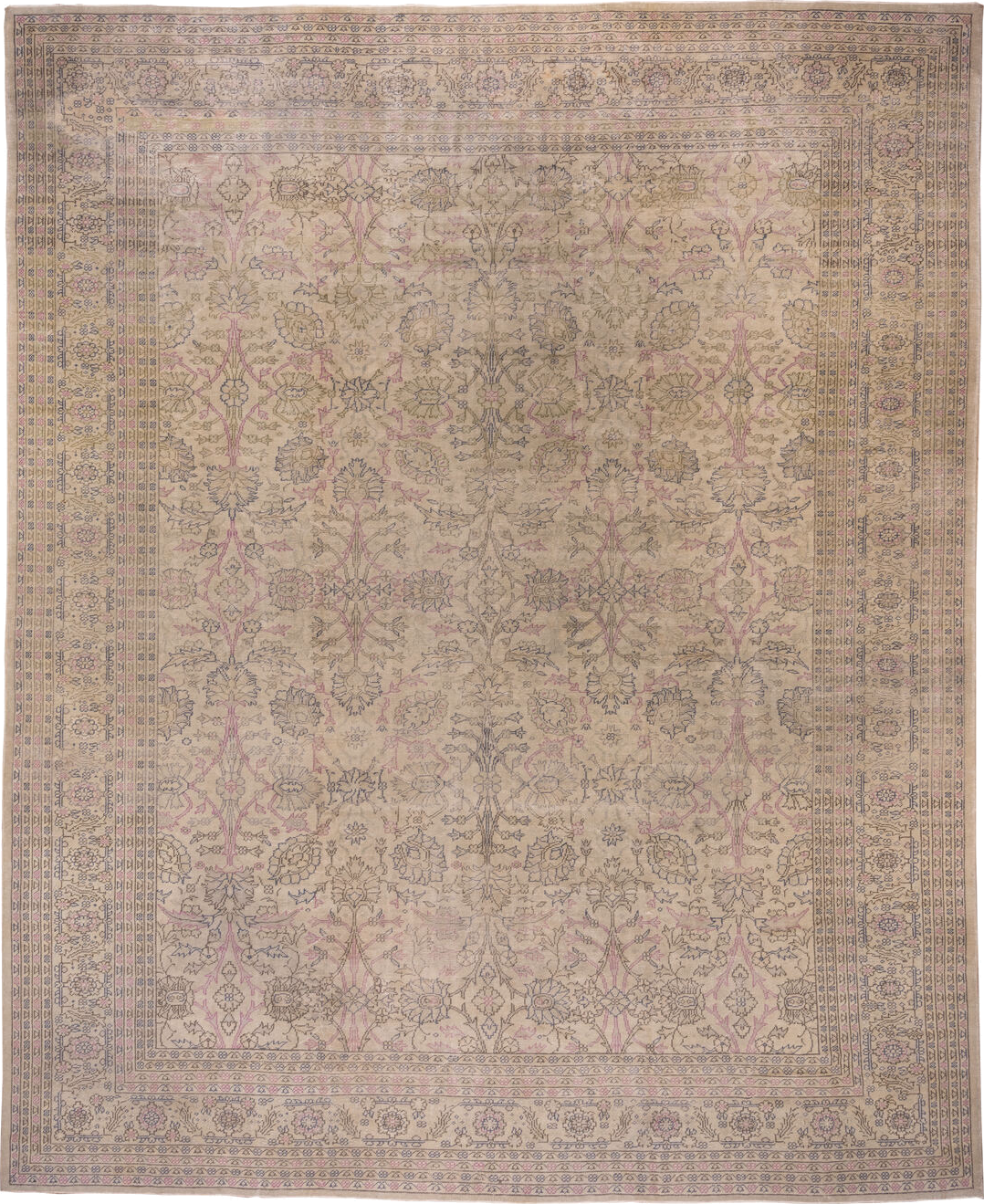 12' x 14' one-of-a-kind handmade antique Sivas oversize rug. Color palette: ivory, taupe, rose, slate, beige, gray, pink