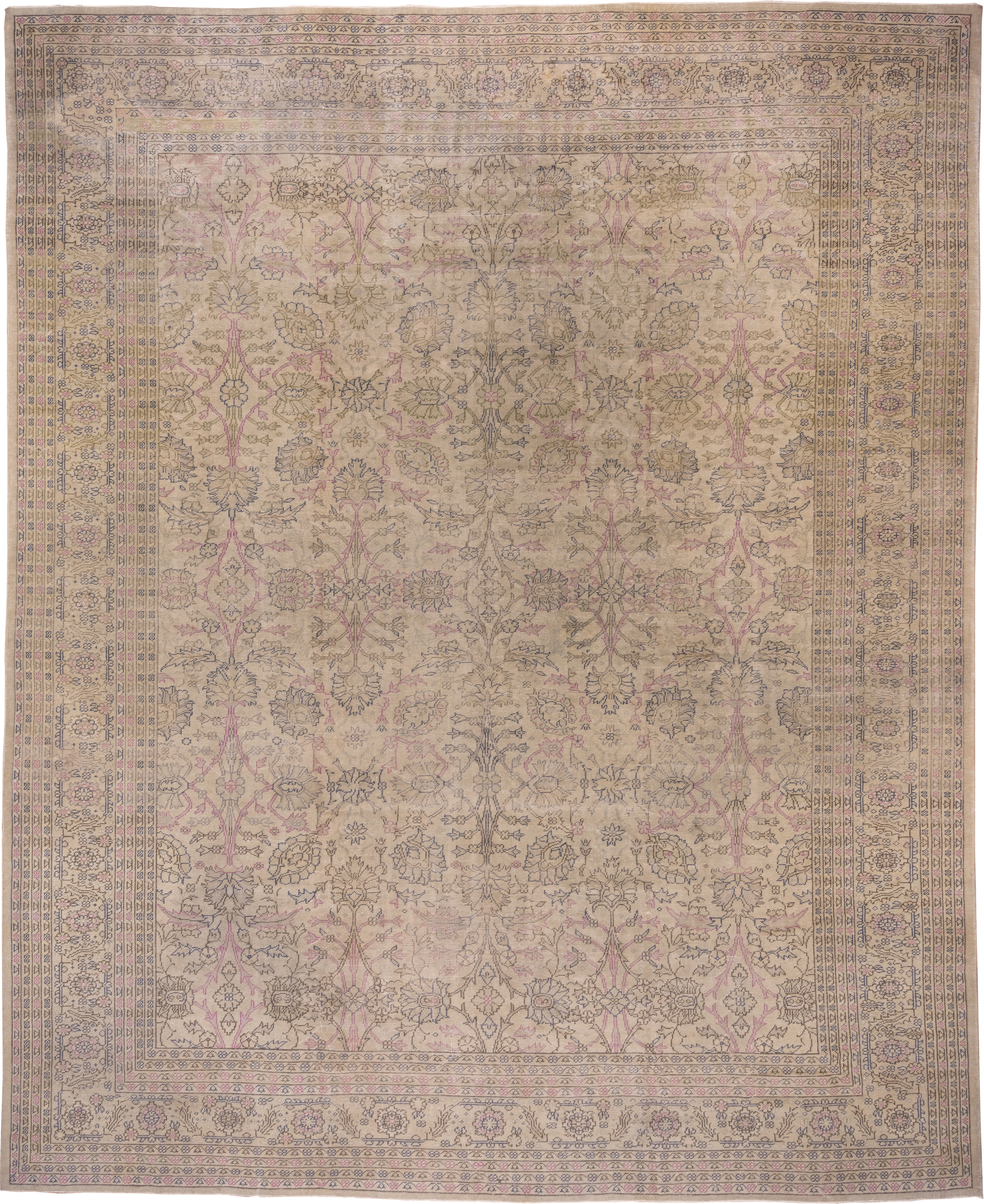 12' x 14' one-of-a-kind handmade antique Sivas oversize rug. Color palette: ivory, taupe, rose, slate, beige, gray, pink