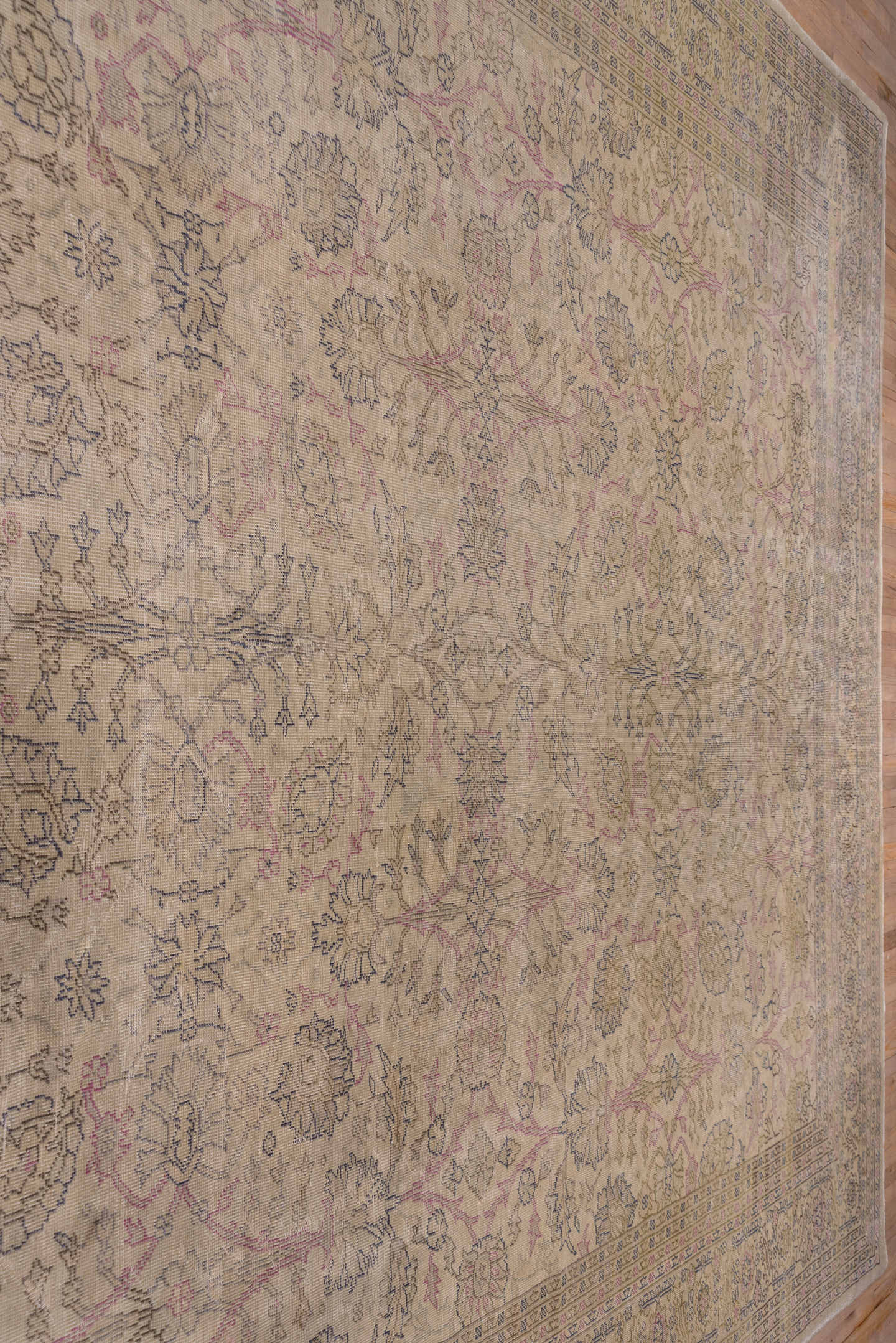 12' x 14' one-of-a-kind handmade antique Sivas oversize rug. Color palette: ivory, taupe, rose, slate, beige, gray, pink