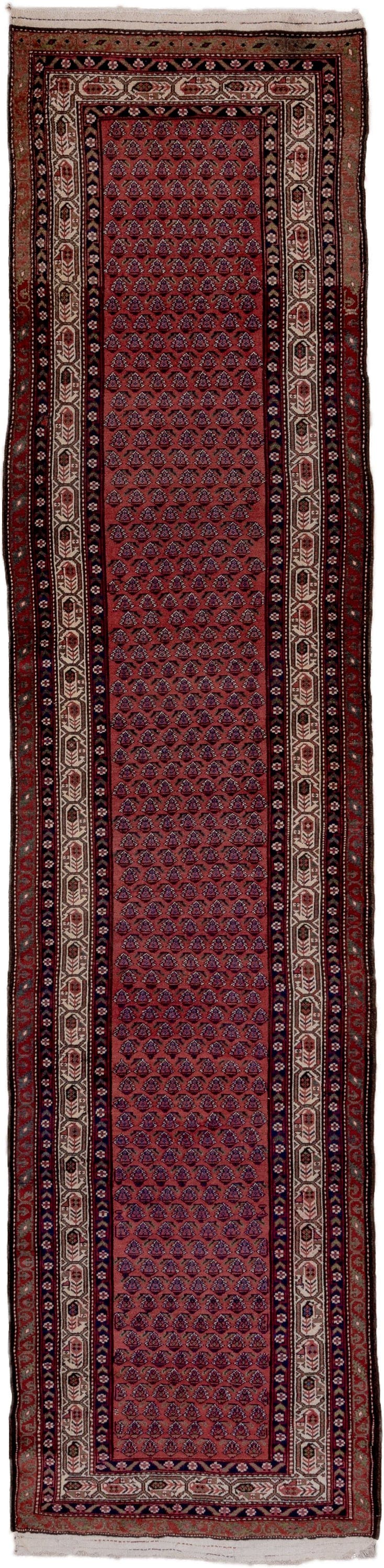 3' x 12' one-of-a-kind handmade antique Malayer runner rug. Color palette: rose, burgundy, ivory, navy, rust, charcoal, pink