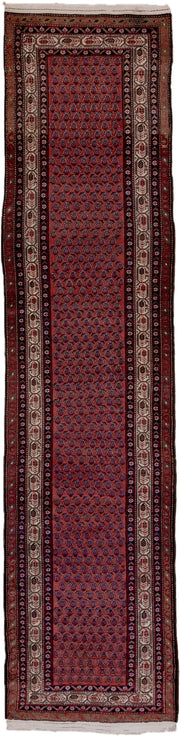 3' x 12' one-of-a-kind handmade antique Malayer runner rug. Color palette: rose, burgundy, ivory, navy, rust, charcoal, pink