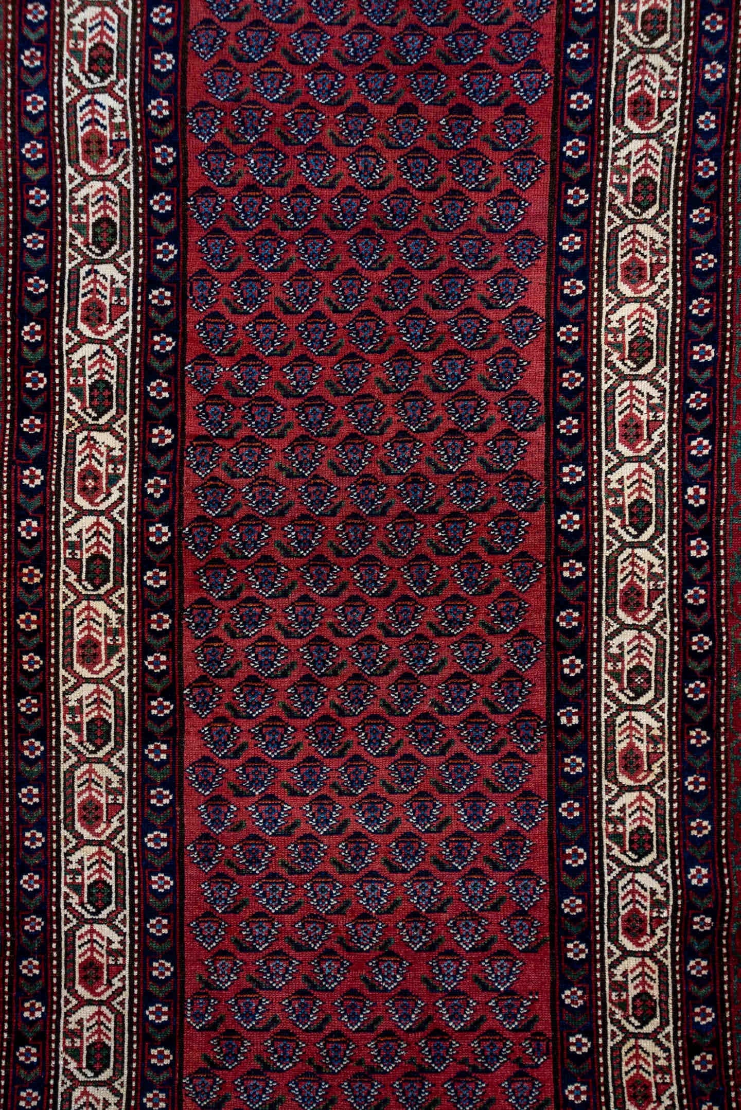 3' x 12' one-of-a-kind handmade antique Malayer runner rug. Color palette: rose, burgundy, ivory, navy, rust, charcoal, pink