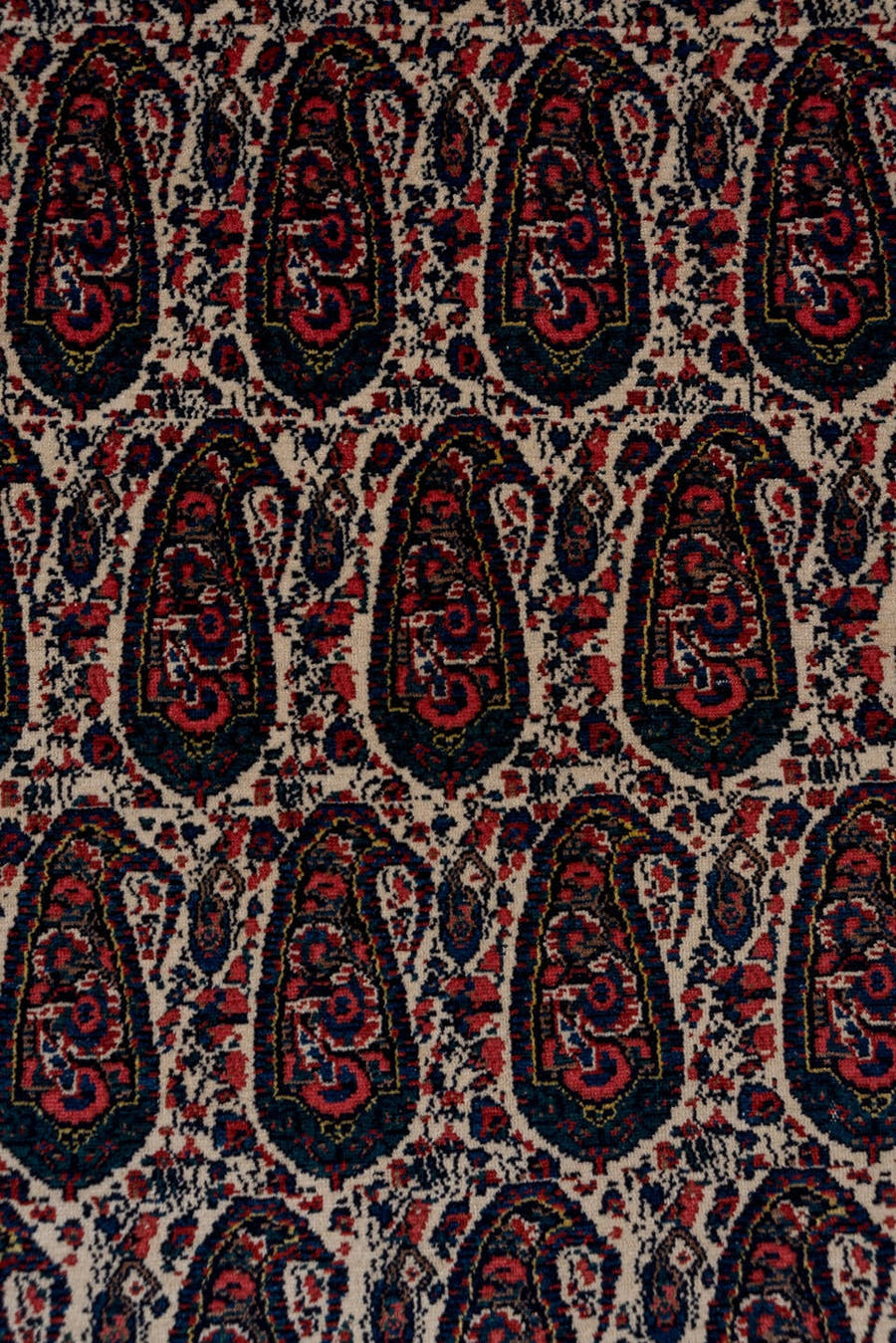 4' x 6' one-of-a-kind handmade antique Senne small size rug. Color palette: ivory, rust, navy, crimson, indigo, camel