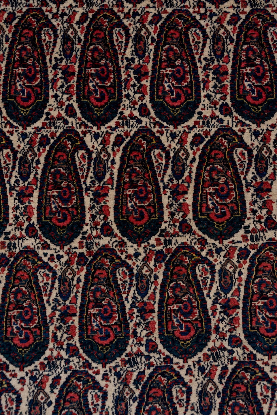 4' x 6' one-of-a-kind handmade antique Senne small size rug. Color palette: ivory, rust, navy, crimson, indigo, camel