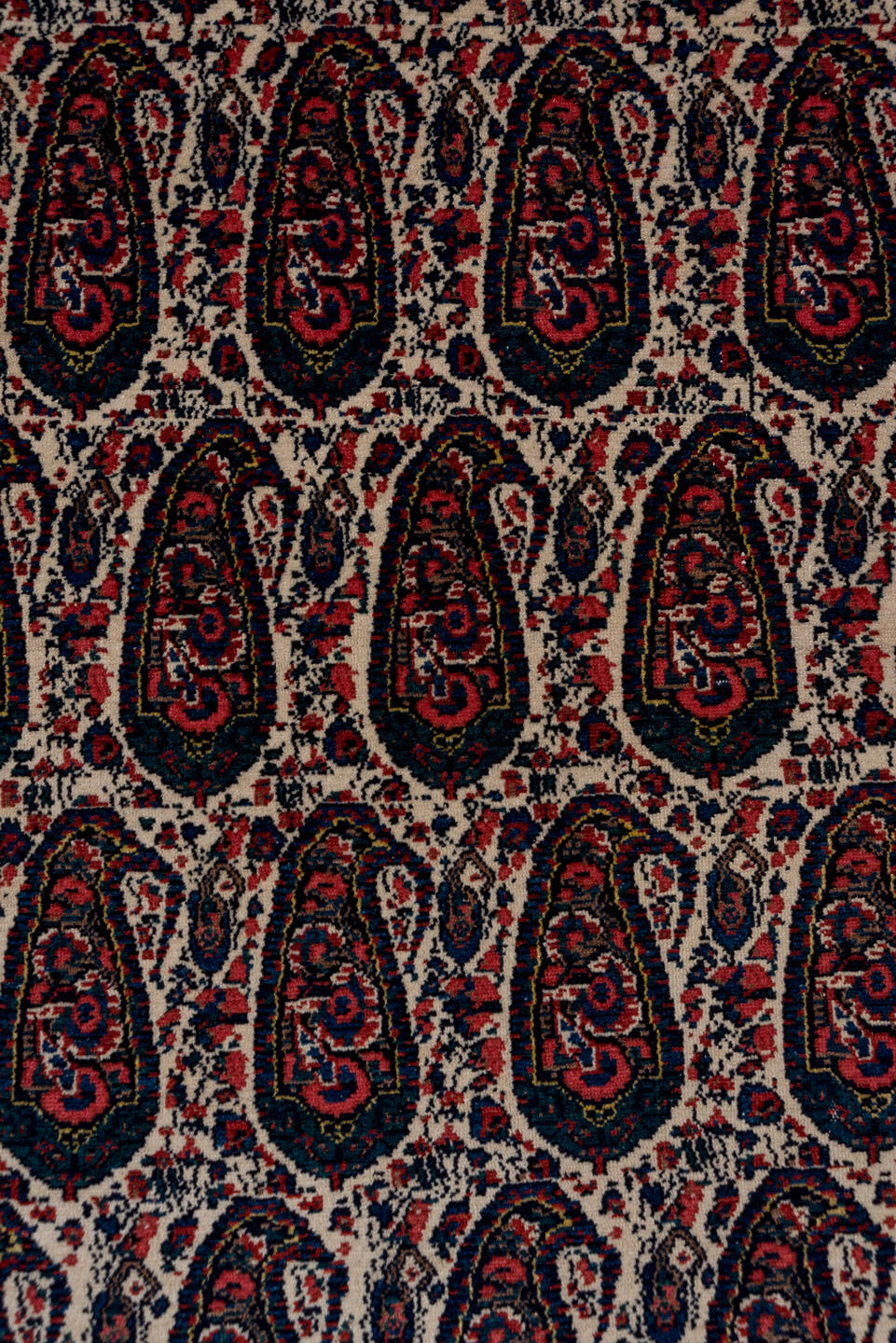 4' x 6' one-of-a-kind handmade antique Senne small size rug. Color palette: ivory, rust, navy, crimson, indigo, camel