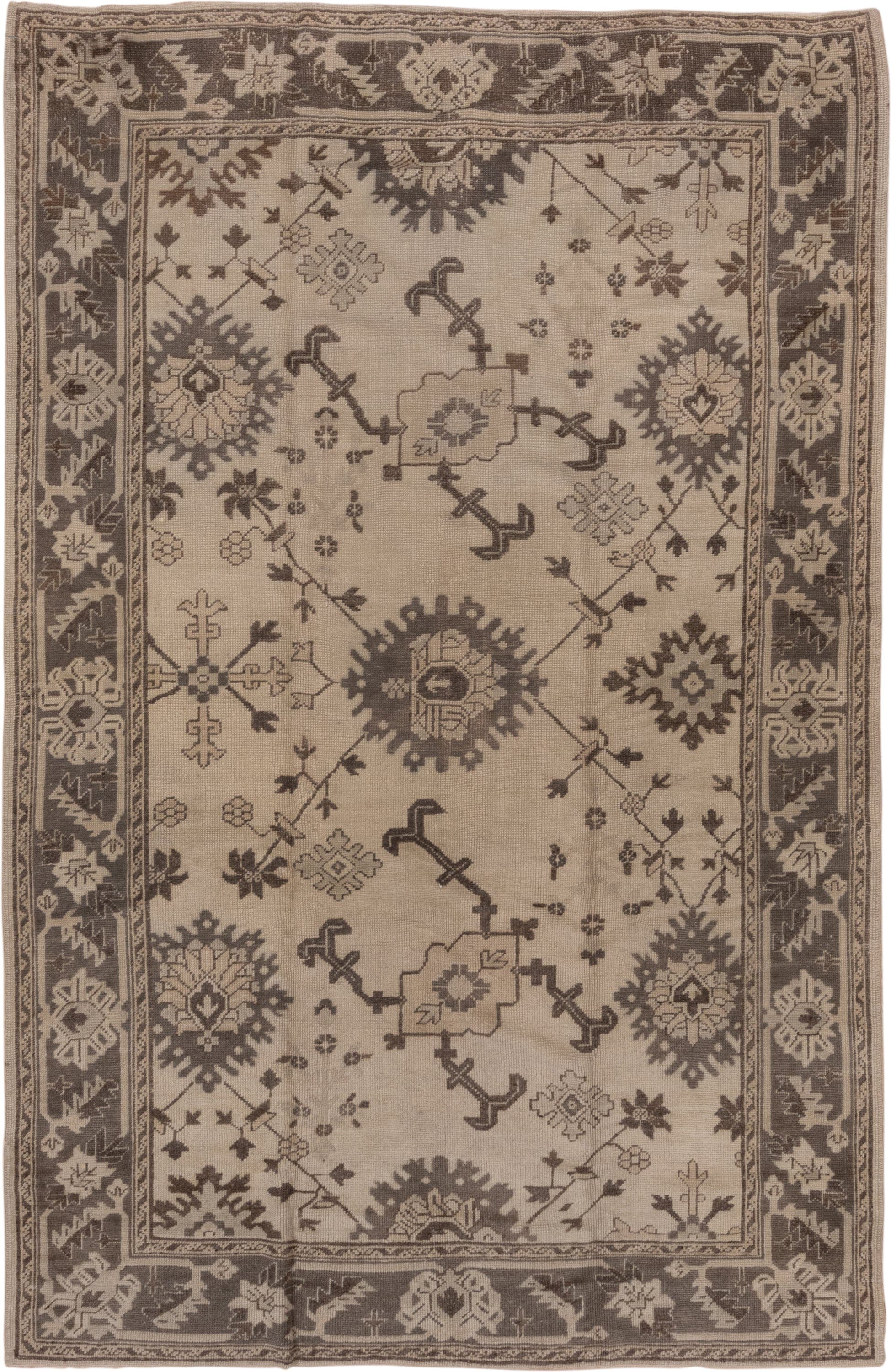 6' x 10' one-of-a-kind handmade antique Oushak large size rug. Color palette: ivory, taupe, brown, camel, beige, gray