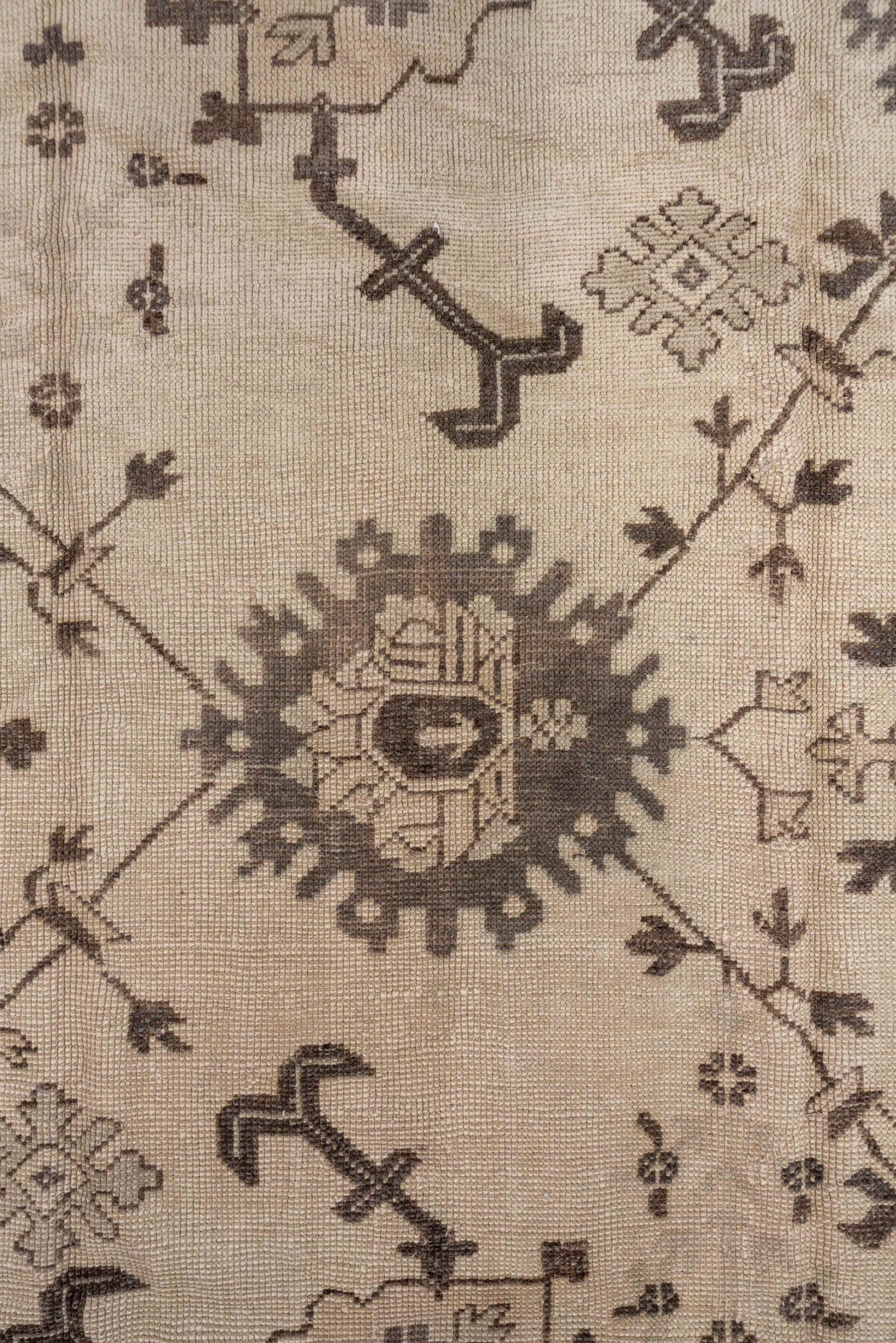 6' x 10' one-of-a-kind handmade antique Oushak large size rug. Color palette: ivory, taupe, brown, camel, beige, gray