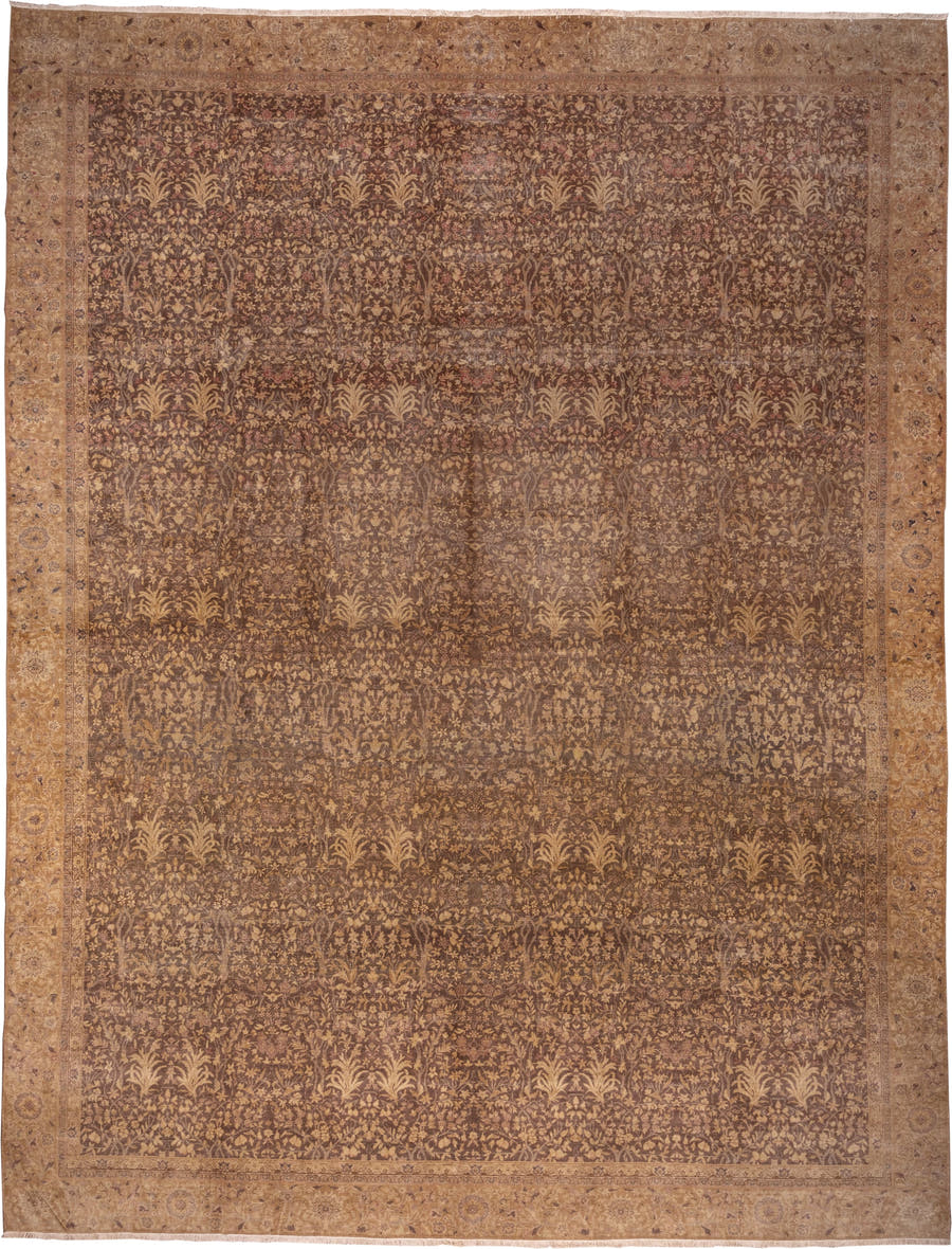 12' x 16' one-of-a-kind handmade antique Sivas oversize rug. Color palette: brown, camel, taupe, beige, ivory, rose