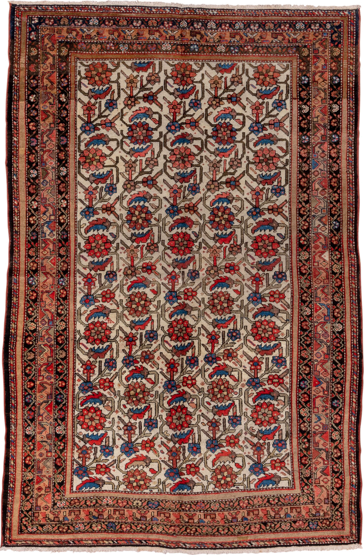 5' x 7' one-of-a-kind handmade antique Malayer rug. Color palette: ivory, rust, indigo, rose, taupe, charcoal, coral