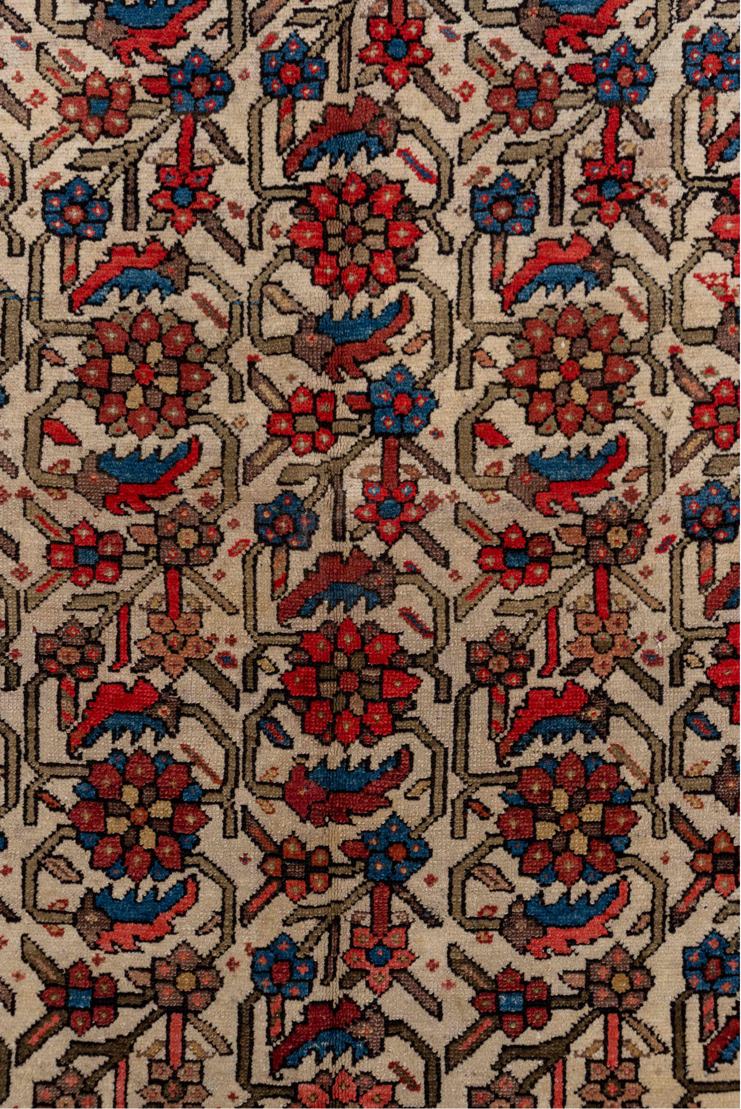 5' x 7' one-of-a-kind handmade antique Malayer rug. Color palette: ivory, rust, indigo, rose, taupe, charcoal, coral