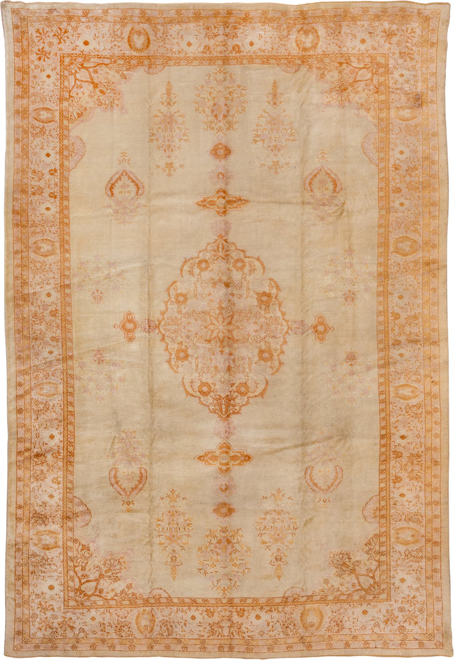 9' x 14' one-of-a-kind handmade antique Oushak large size rug. Color palette: ivory, apricot, peach, soft gold, beige, blush