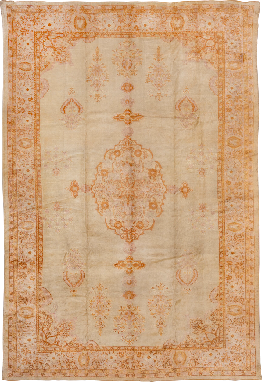 9' x 14' one-of-a-kind handmade vintage Oushak large size rug. Color palette: brown, off-white, orange, peru, saddle brown