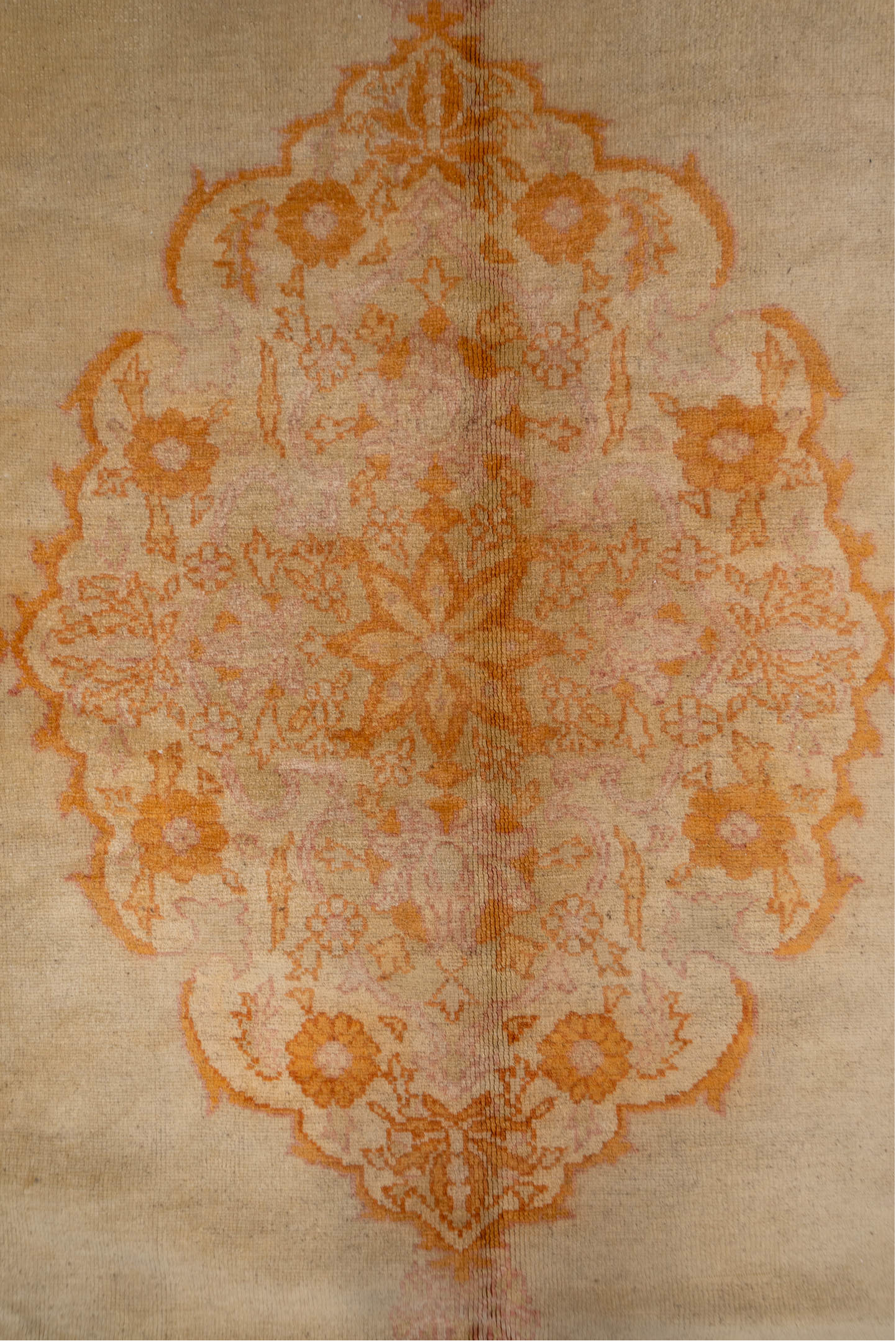 9' x 14' one-of-a-kind handmade vintage Oushak large size rug. Color palette: brown, off-white, orange, peru, saddle brown