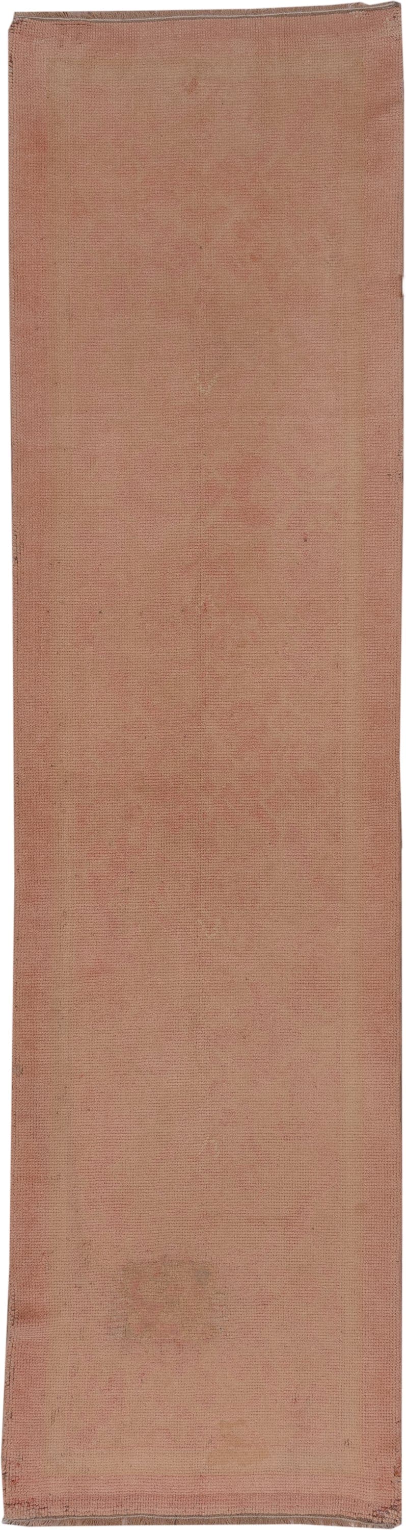 3' x 11' one-of-a-kind handmade antique Oushak runner rug. Color palette: blush, rose, peach, taupe, camel, pink, red