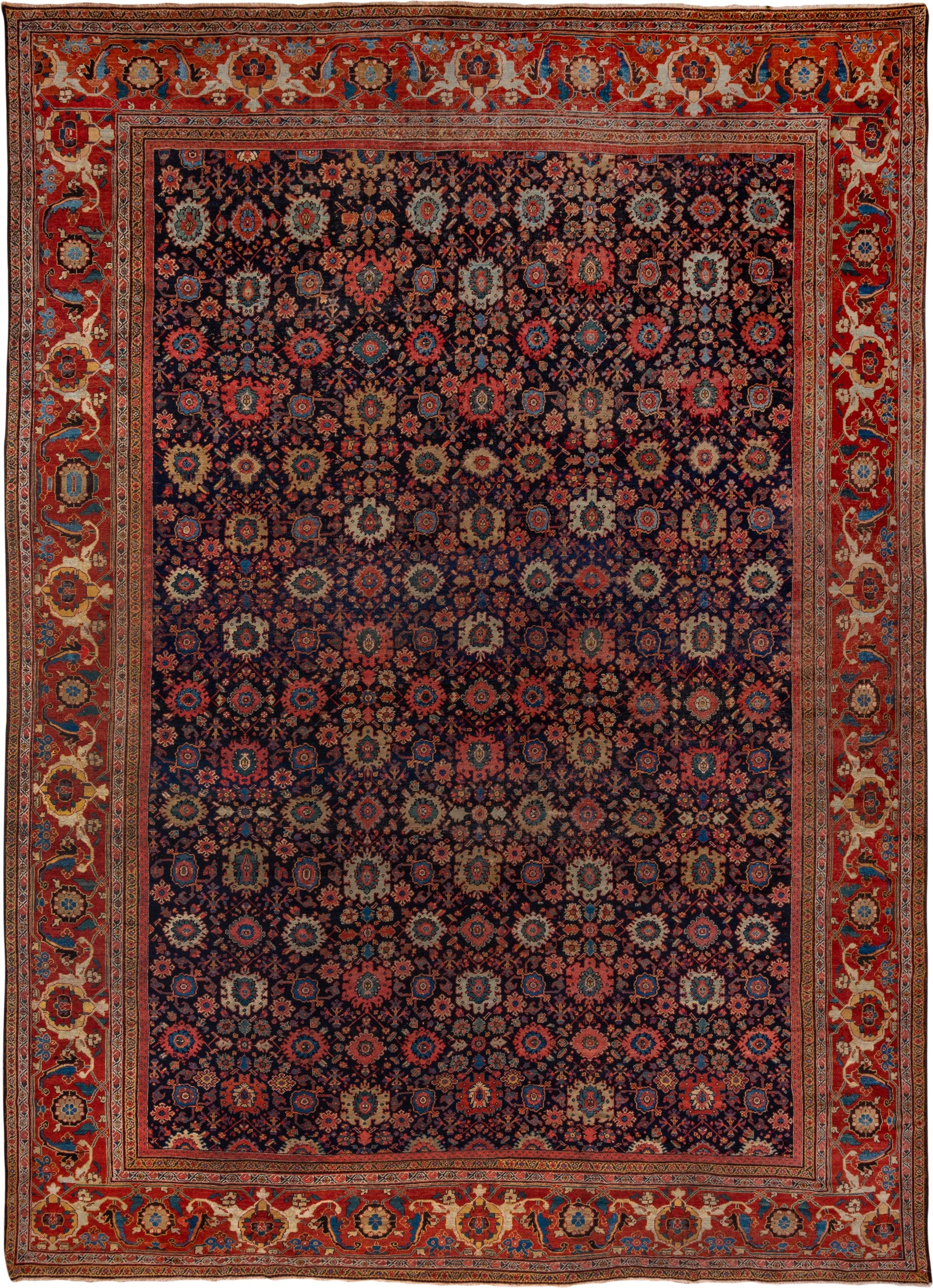 14' x 19' one-of-a-kind handmade antique Sultanabad oversize rug. Color palette: navy, rust, ivory, sky blue, terra cotta