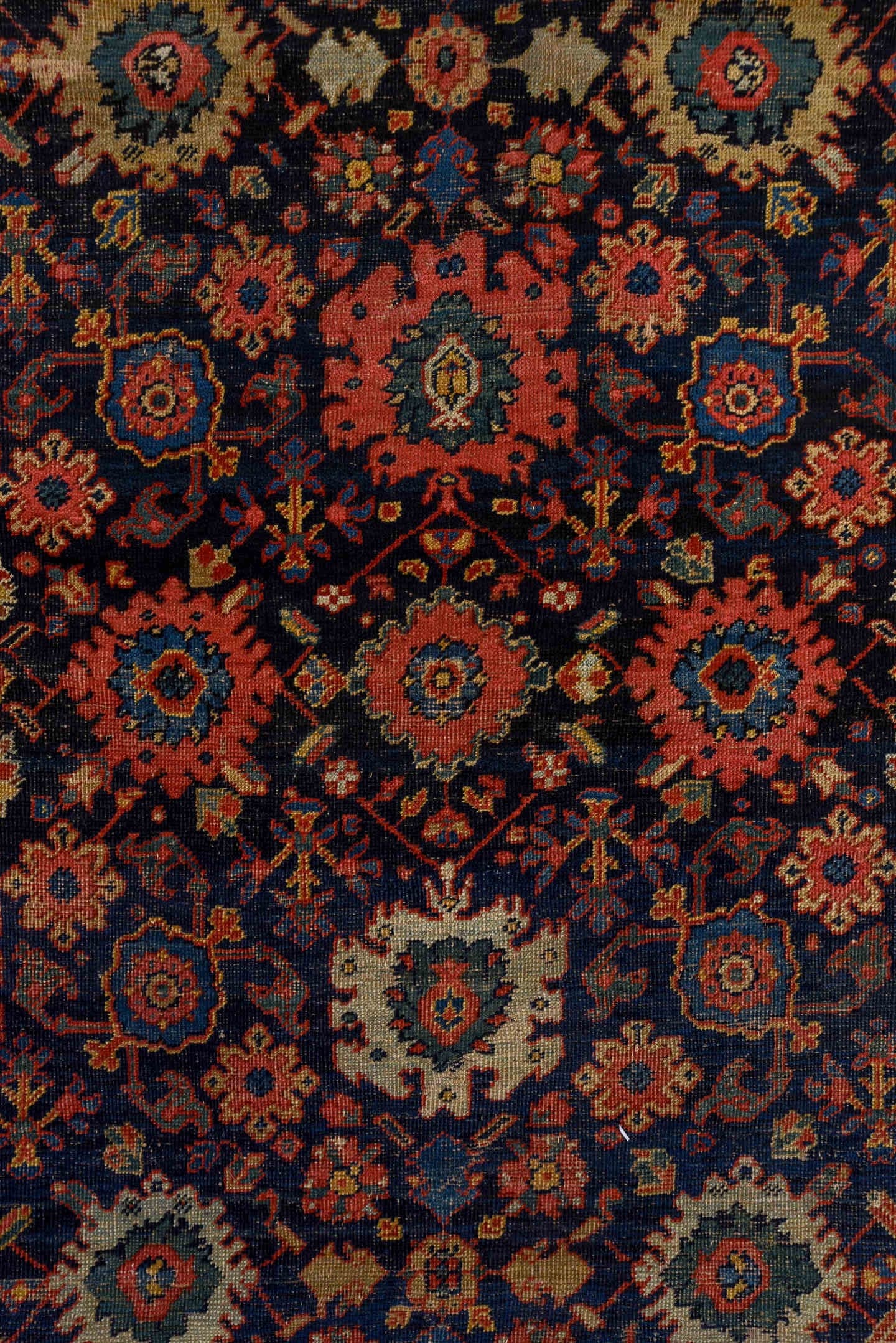14' x 19' one-of-a-kind handmade antique Sultanabad oversize rug. Color palette: navy, rust, ivory, sky blue, terra cotta