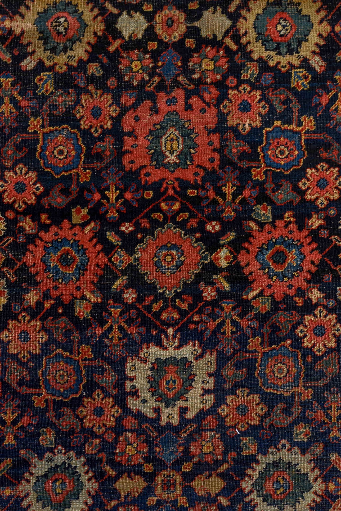 14' x 19' one-of-a-kind handmade antique Sultanabad oversize rug. Color palette: navy, rust, ivory, sky blue, terra cotta