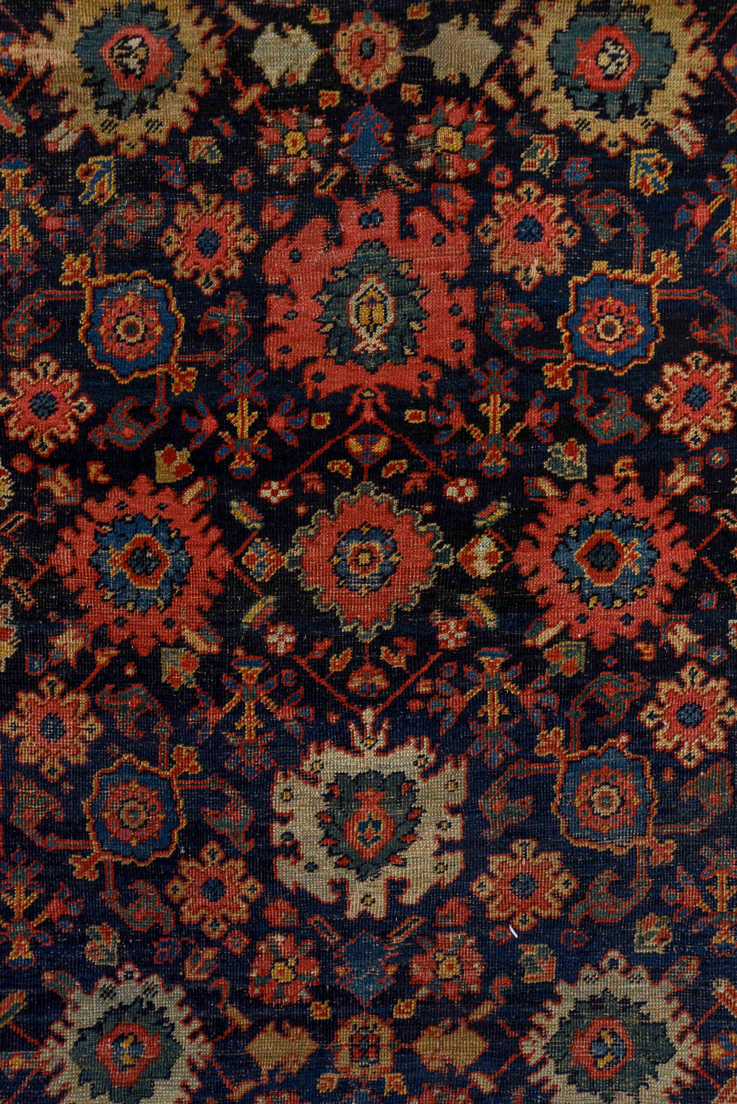 14' x 19' one-of-a-kind handmade antique Sultanabad oversize rug. Color palette: navy, rust, ivory, sky blue, terra cotta