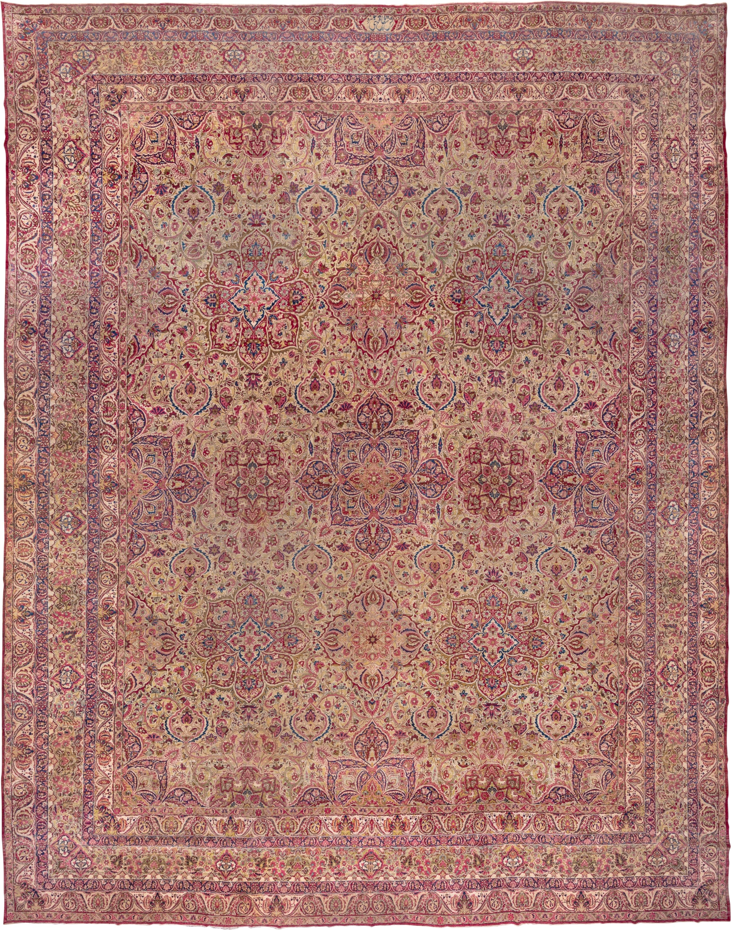 20' x 25' one-of-a-kind handmade antique Lavar oversize rug. Color palette: beige, rose, rust, soft blue, ivory, burgundy