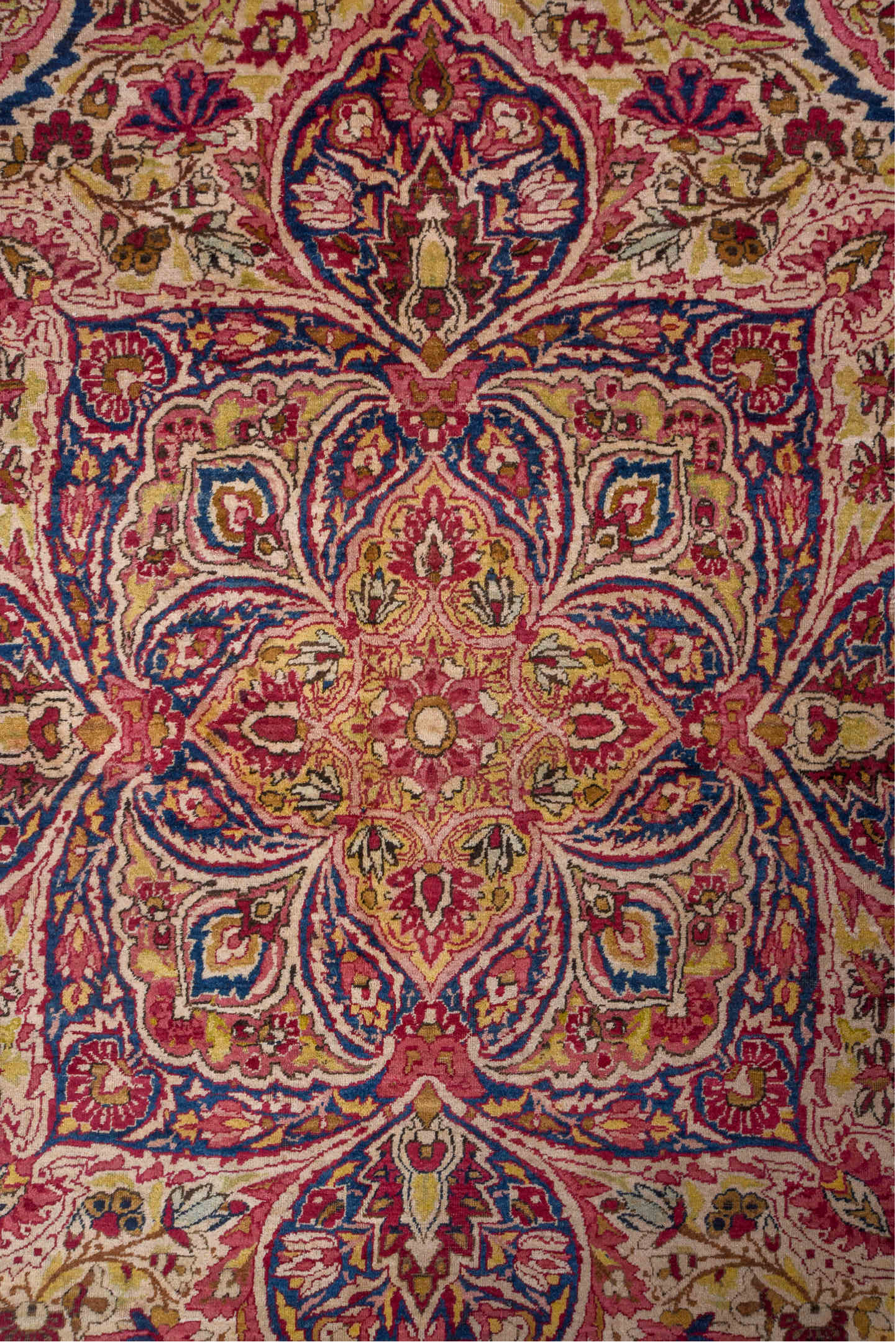20' x 25' one-of-a-kind handmade vintage Lavar oversize rug. Color palette: blue, brown, gray, off-white, orange, pink, red