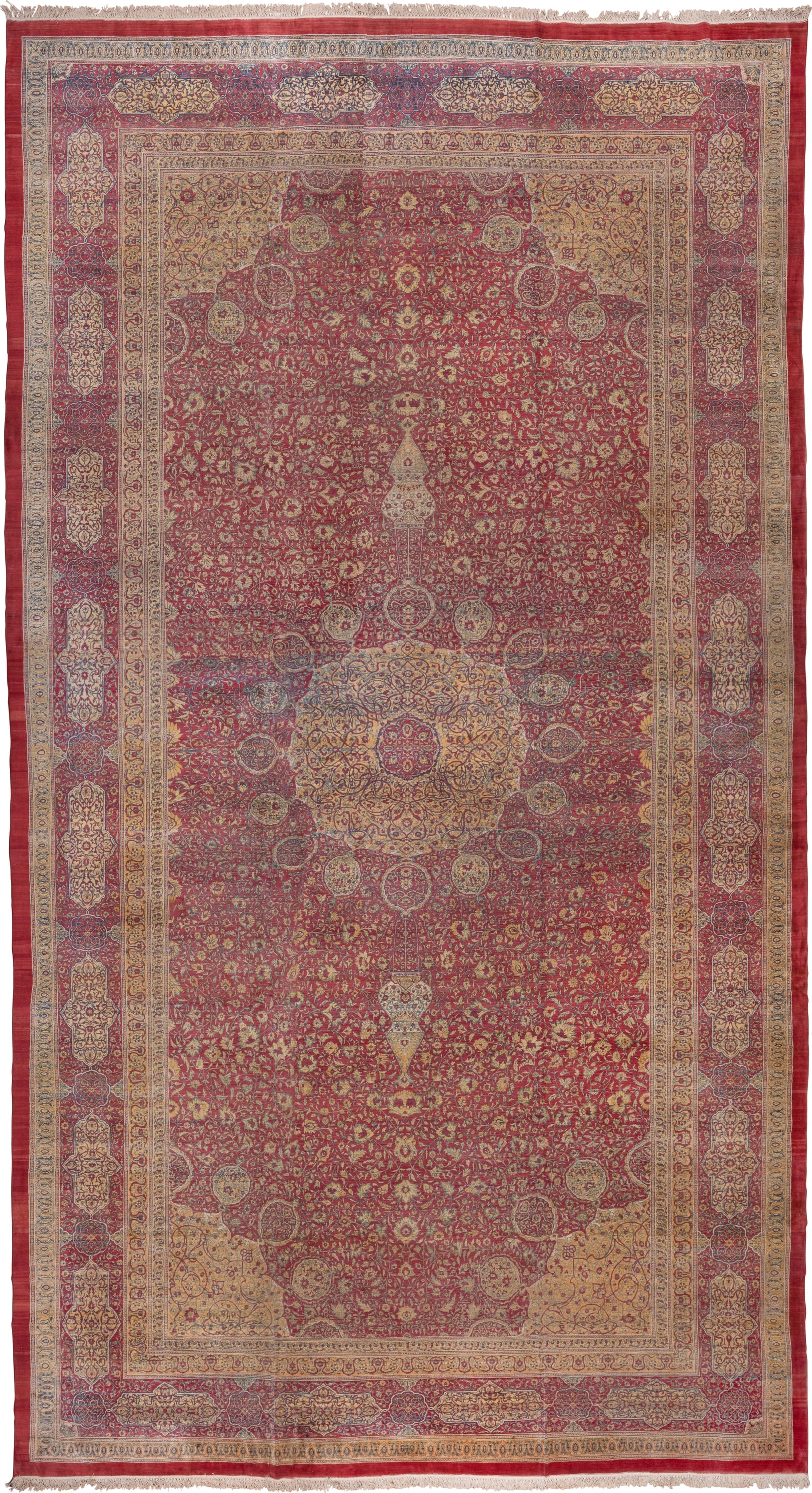 17' x 32' one-of-a-kind handmade antique Agra oversize rug. Color palette: crimson, ivory, gold, slate, rose, burgundy, red
